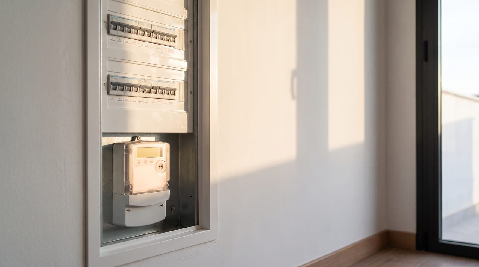 Cuadro eléctrico doméstico con hilera de magnetotérmicos blancos y un contador digital en la pared de un hogar español, con luz cálida de tarde.