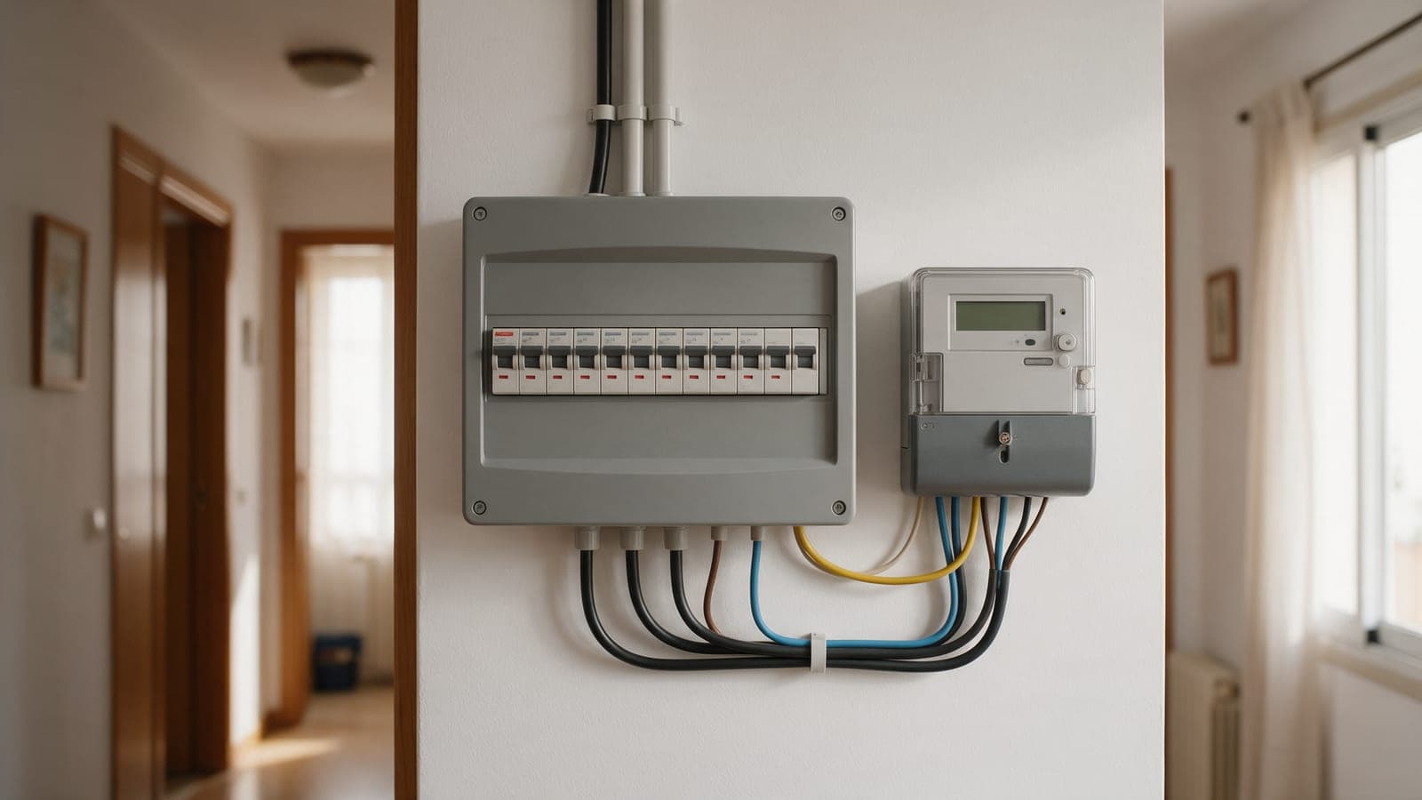 Cuadro eléctrico con interruptores y contador digital en el recibidor de una vivienda española