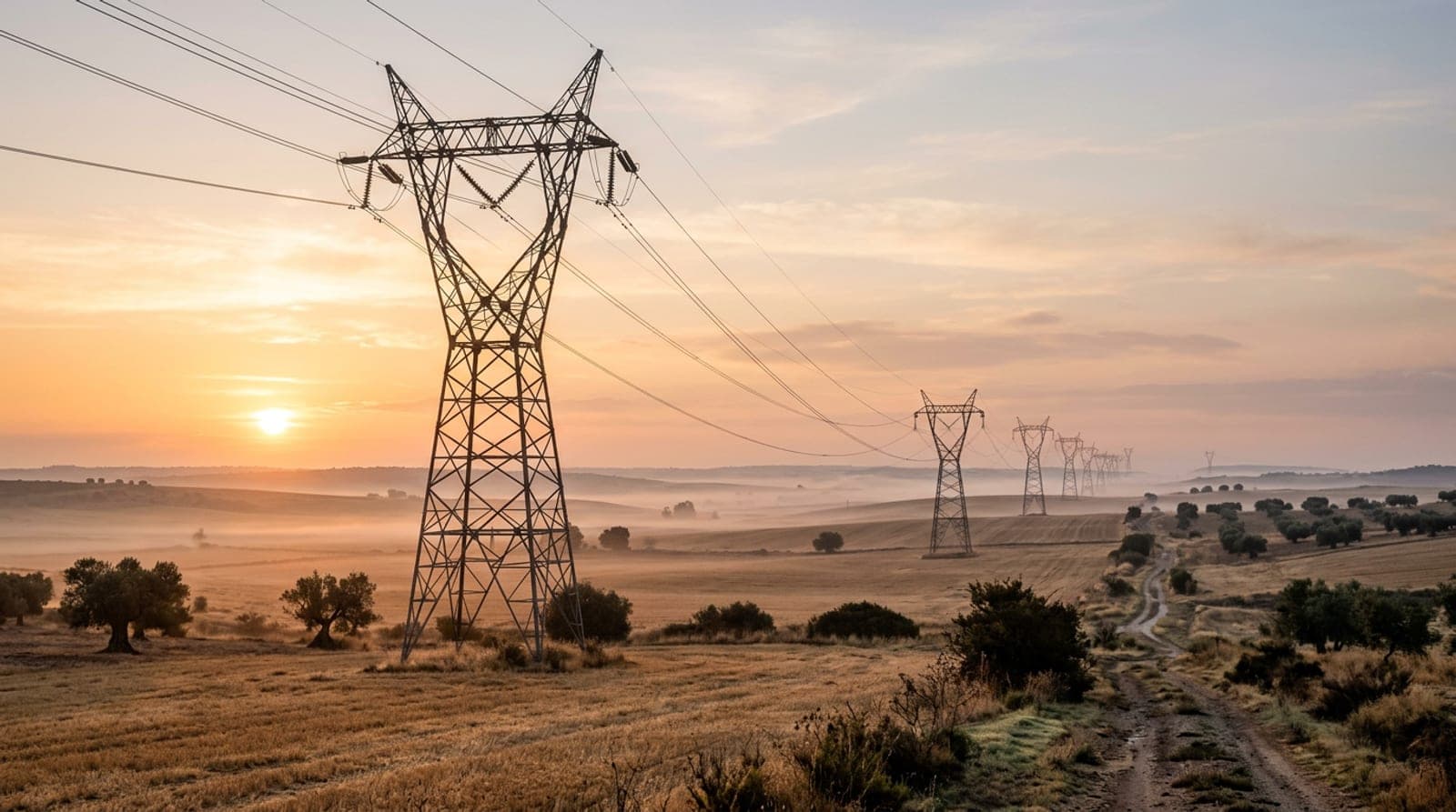 Torres y líneas de alta tensión cruzando un campo seco y dorado del interior de España al amanecer, con niebla baja sobre los rastrojos y el sol bajo en el horizonte.