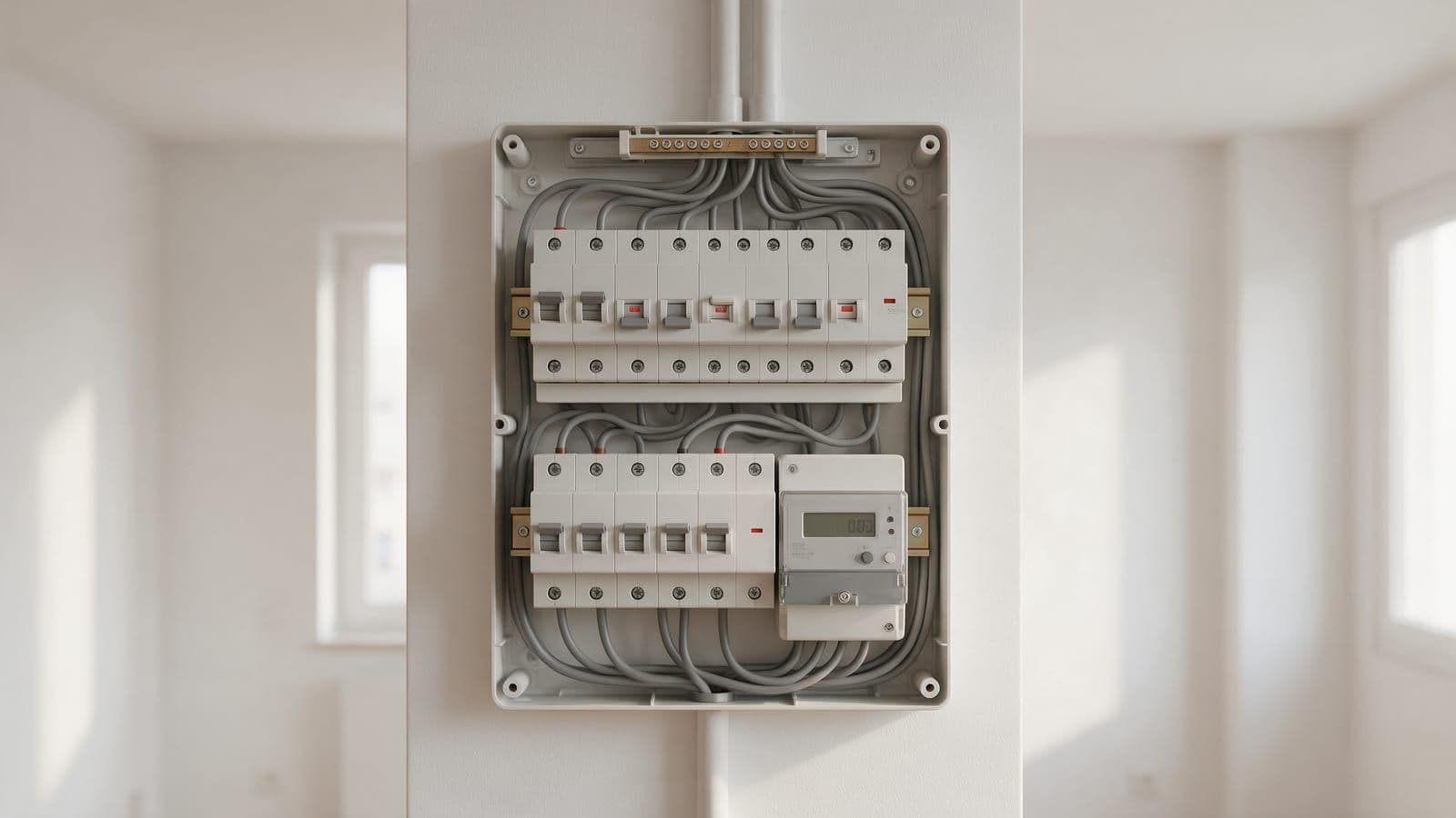 Contador digital y cuadro eléctrico doméstico con sus magnetotérmicos en la pared de una vivienda española
