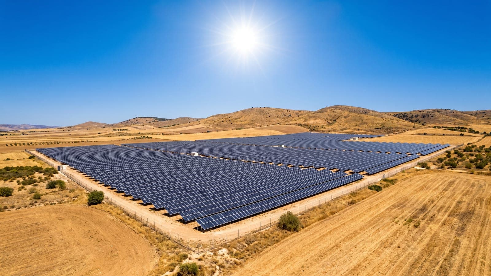 Vista aérea de un parque solar fotovoltaico en el campo español al mediodía, con largas hileras de placas bajo un sol fuerte y cielo despejado.
