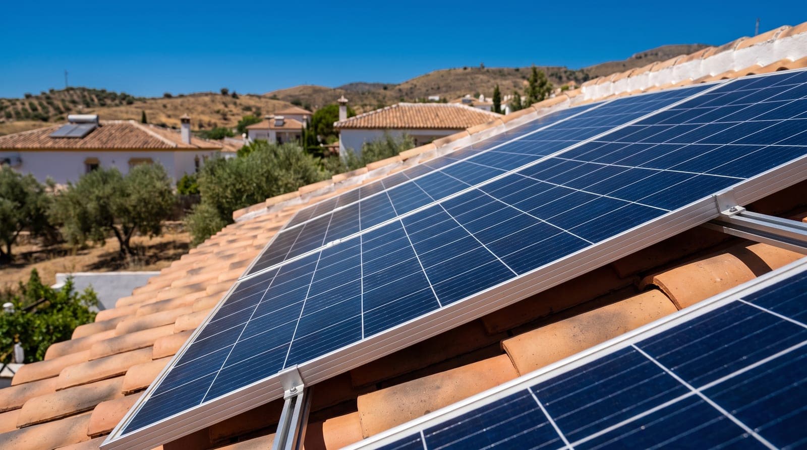 Placas solares fotovoltaicas sobre el tejado de tejas de una vivienda del sur de España, bajo un cielo azul despejado de mediodía, con casas encaladas y colinas de olivos al fondo.