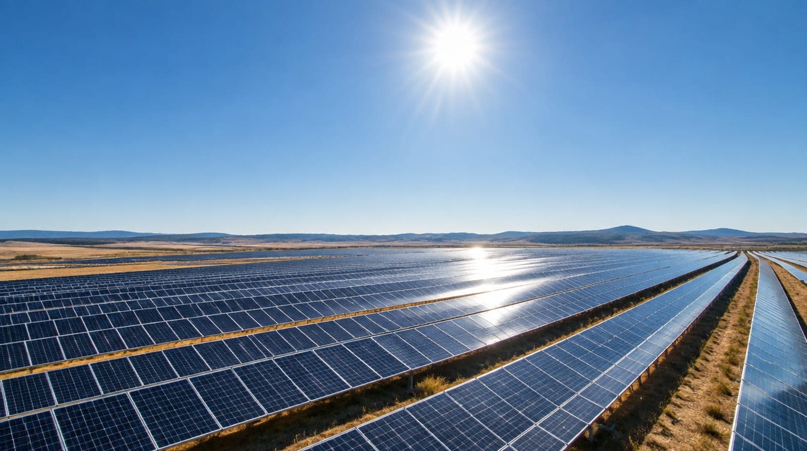 Parque fotovoltaico en suelo con hileras de placas solares bajo el sol intenso del mediodía en el campo español