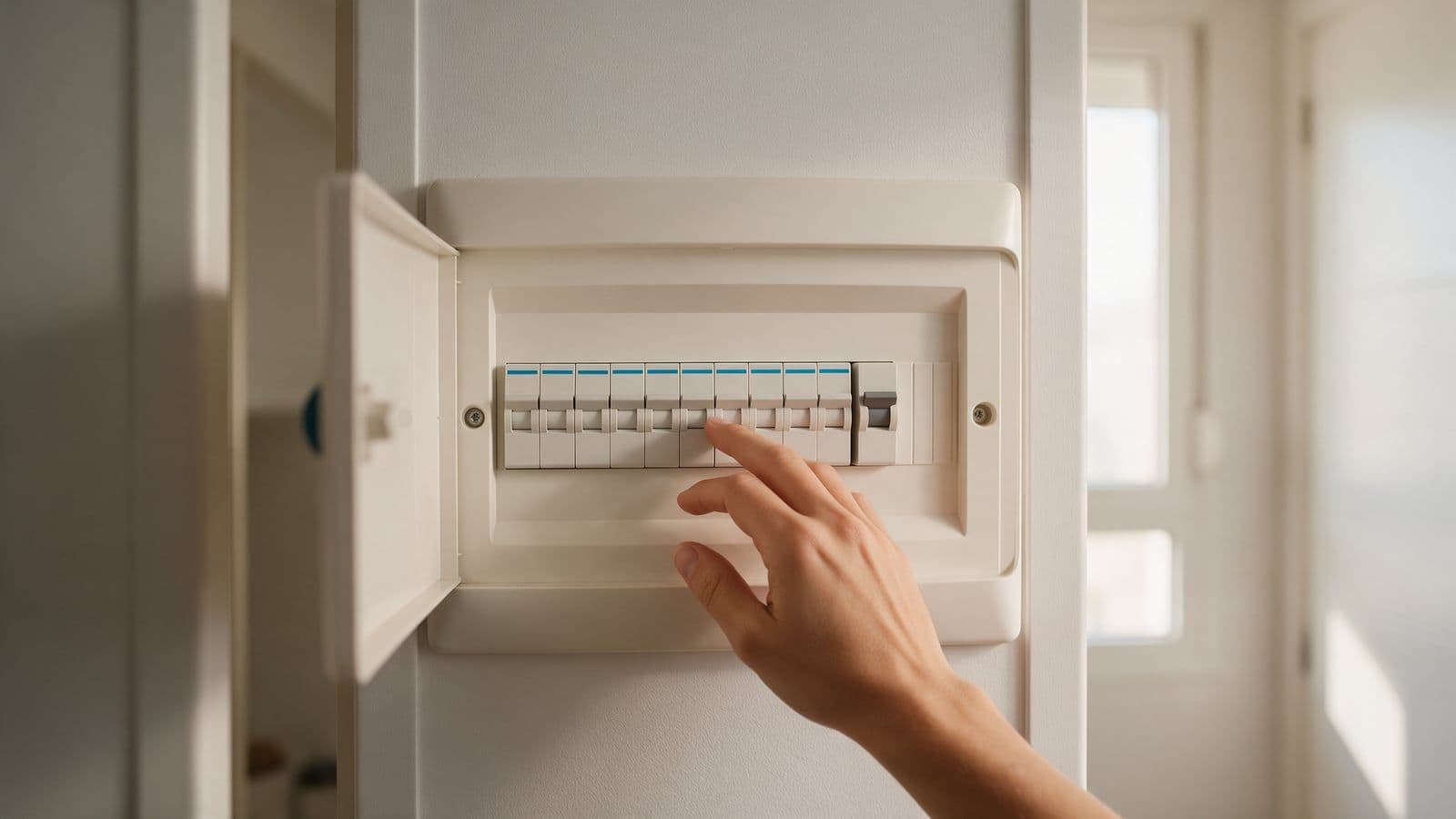 Cuadro eléctrico de una vivienda española con la tapa abierta; una mano acciona uno de los magnetotérmicos junto al interruptor de control de potencia, con luz natural de fondo.