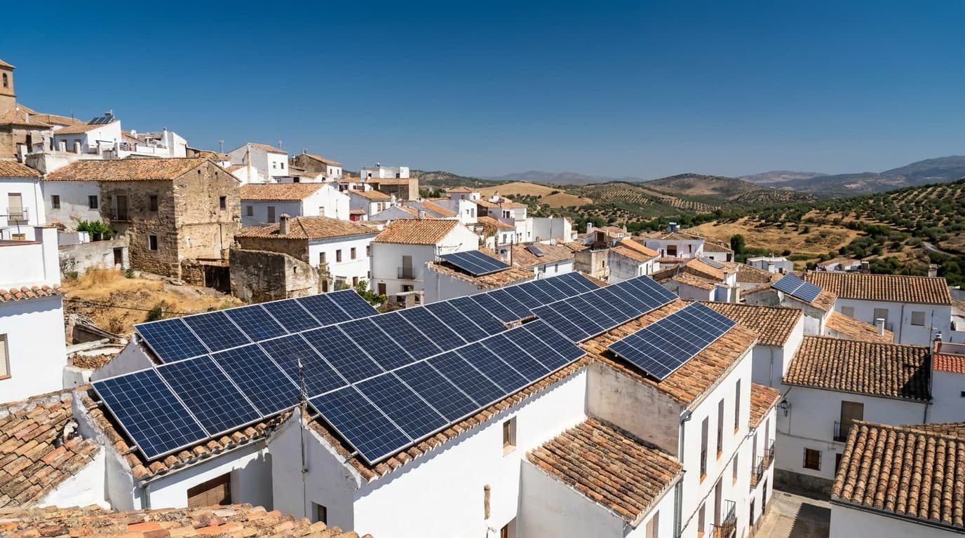 Tejados de un pueblo mediterráneo del sur de España con placas solares fotovoltaicas bajo el sol del mediodía de verano.