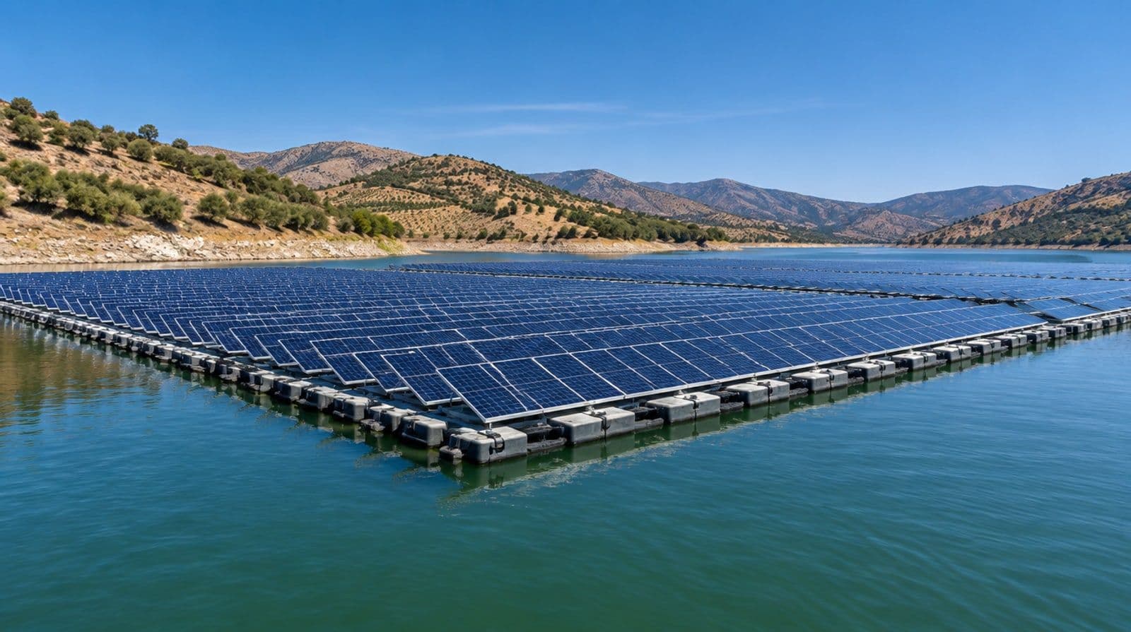 Planta solar fotovoltaica flotante sobre un embalse español entre colinas secas, bajo un sol de mediodía y cielo despejado