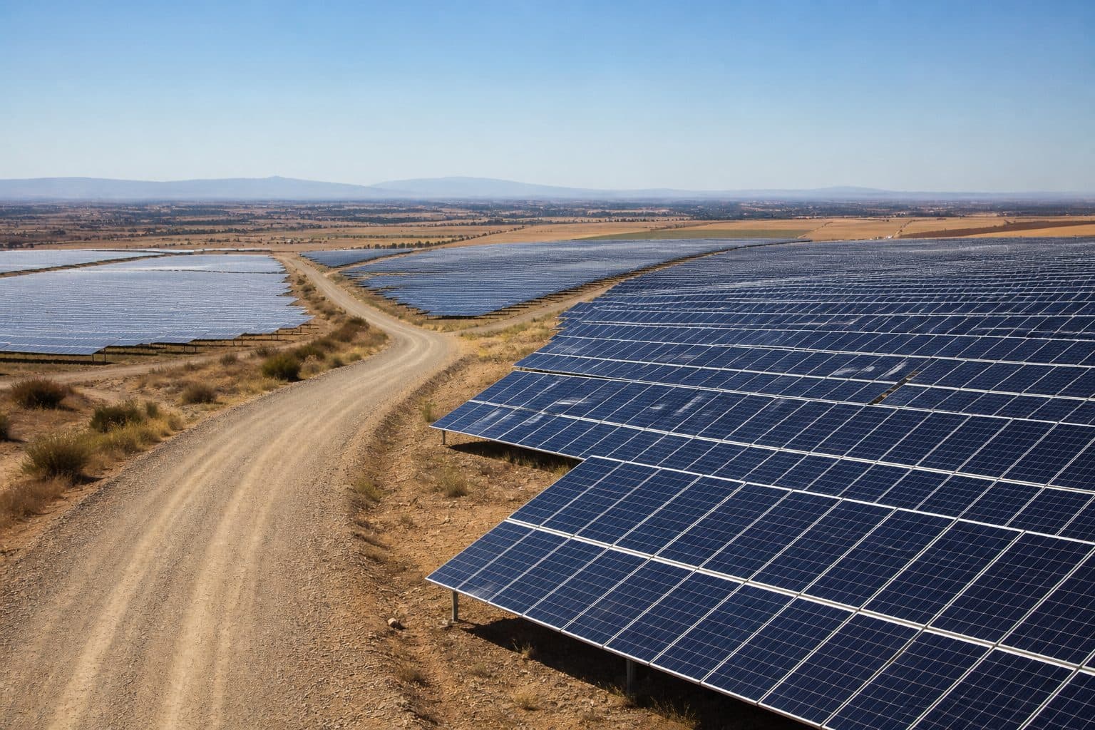 Excedente solar: parque fotovoltaico casi vacío de nubes un domingo