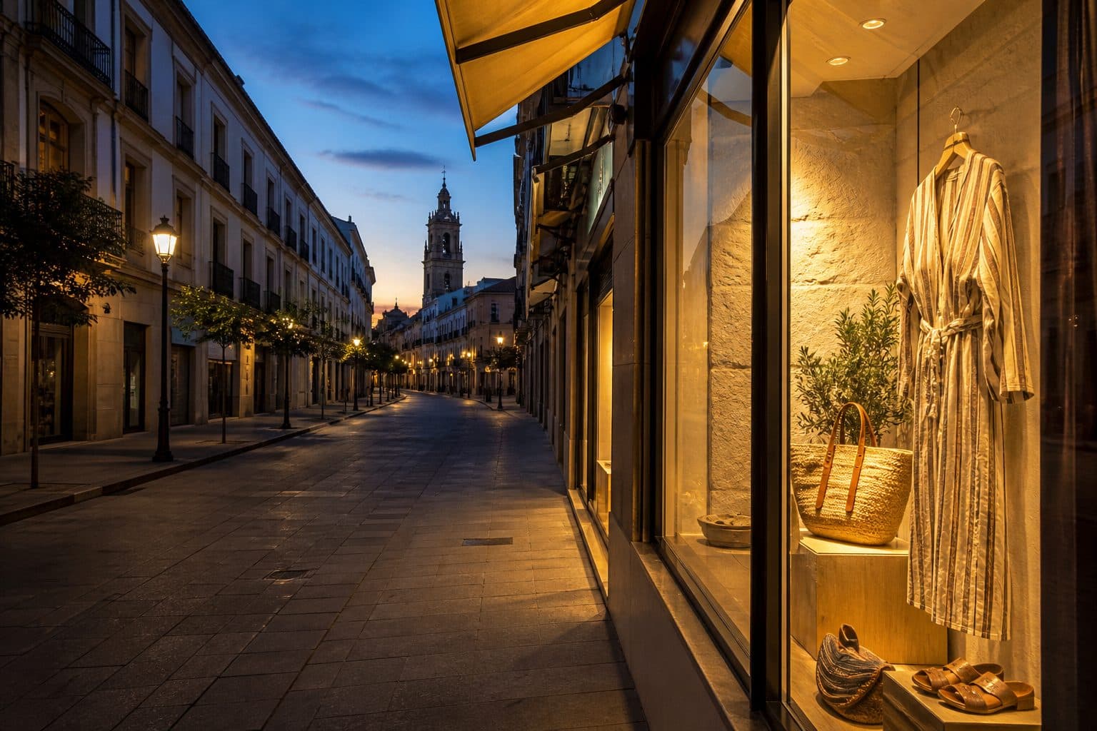 Calle comercial española iluminada al anochecer en hora cara