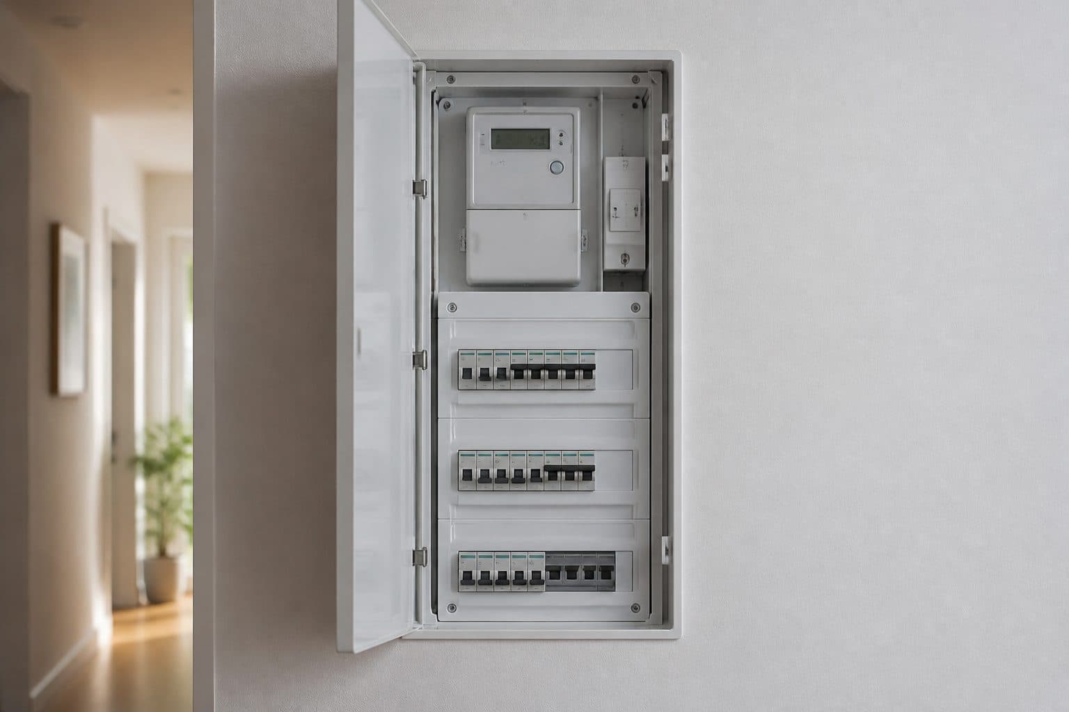 Contador inteligente y cuadro eléctrico doméstico en vivienda moderna