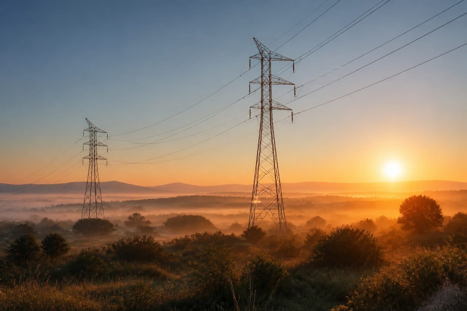 Amanecer sobre torres de alta tensión en campo rural