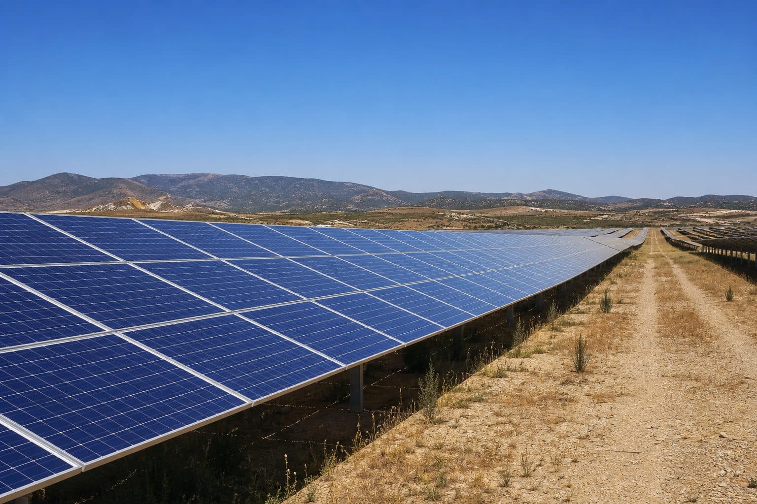 Campo de placas solares a pleno sol con cielo despejado