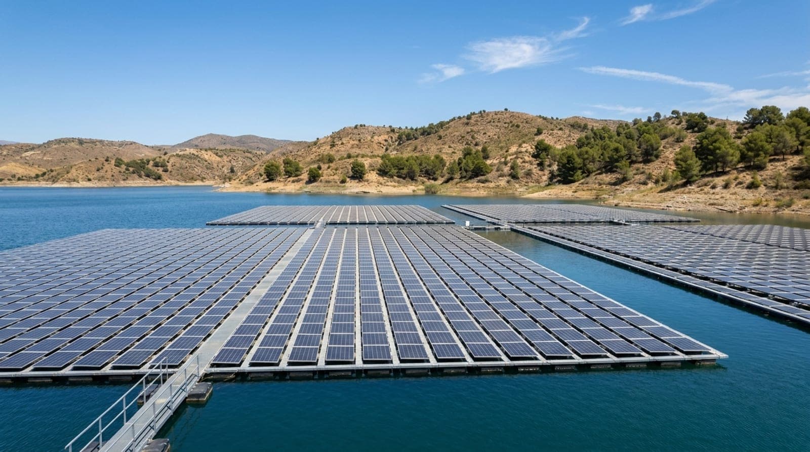 Parque solar fotovoltaico flotante sobre un embalse del interior de España a mediodía, con hileras de placas oscuras reflejando el sol.