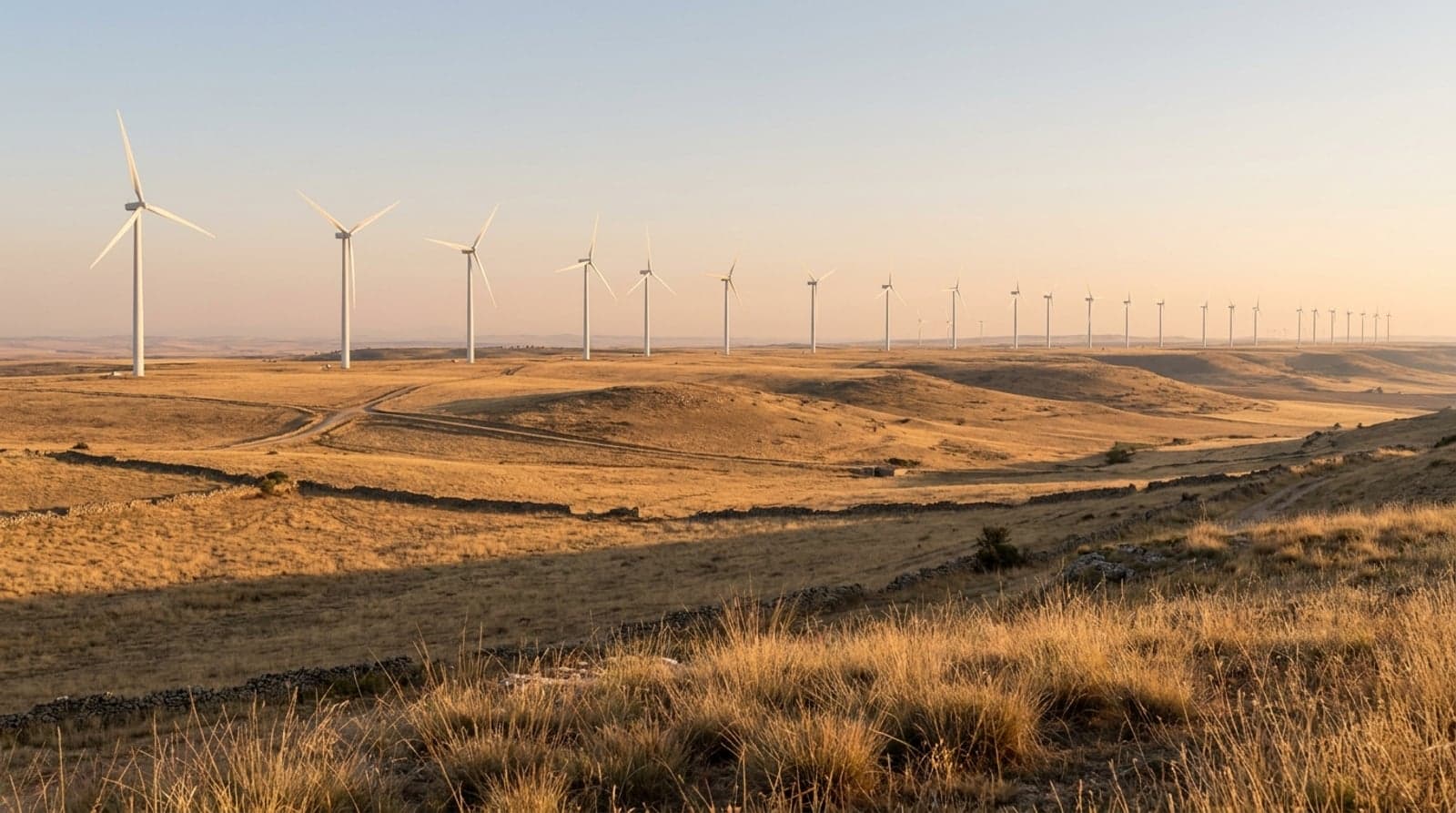Fila de aerogeneradores blancos en una meseta del interior de España al amanecer, con luz dorada rasante sobre pastizal seco de verano y colinas suaves al fondo.