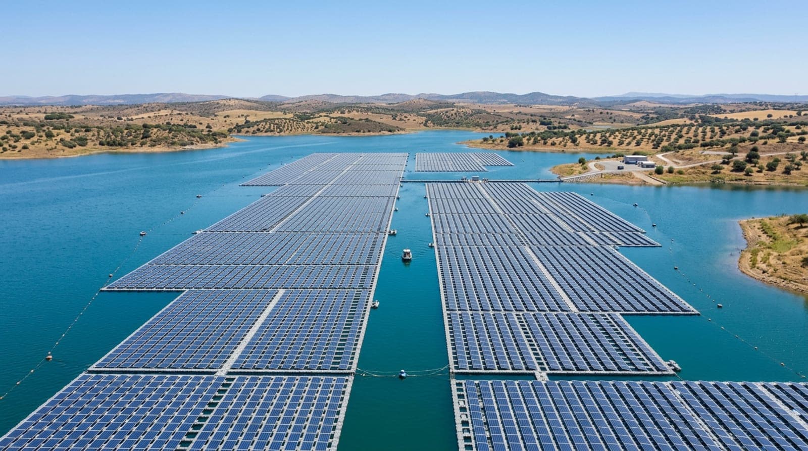 Vista aérea de una planta solar fotovoltaica flotante sobre un embalse azul en el interior de España, con hileras de paneles bajo el sol del mediodía