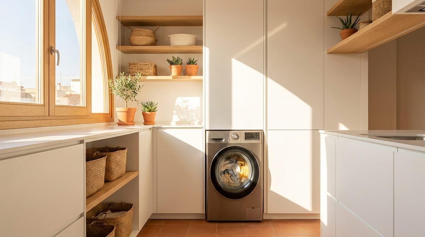 Cocina-lavadero de un piso español a mediodía, con luz natural entrando por la ventana y una lavadora en marcha.