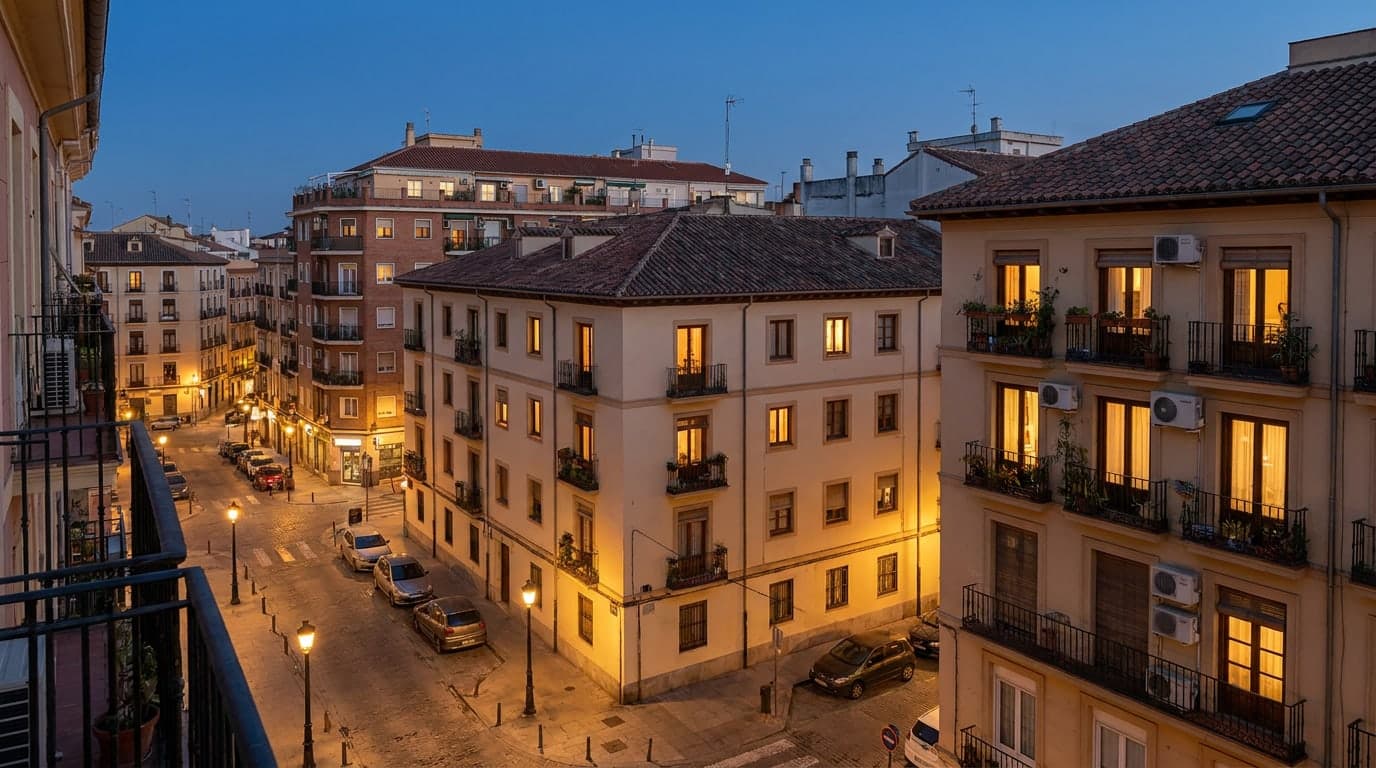 Barrio residencial de una ciudad española de noche, hacia las nueve, con las ventanas de los bloques de pisos encendidas en tonos cálidos sobre el cielo azul del anochecer.