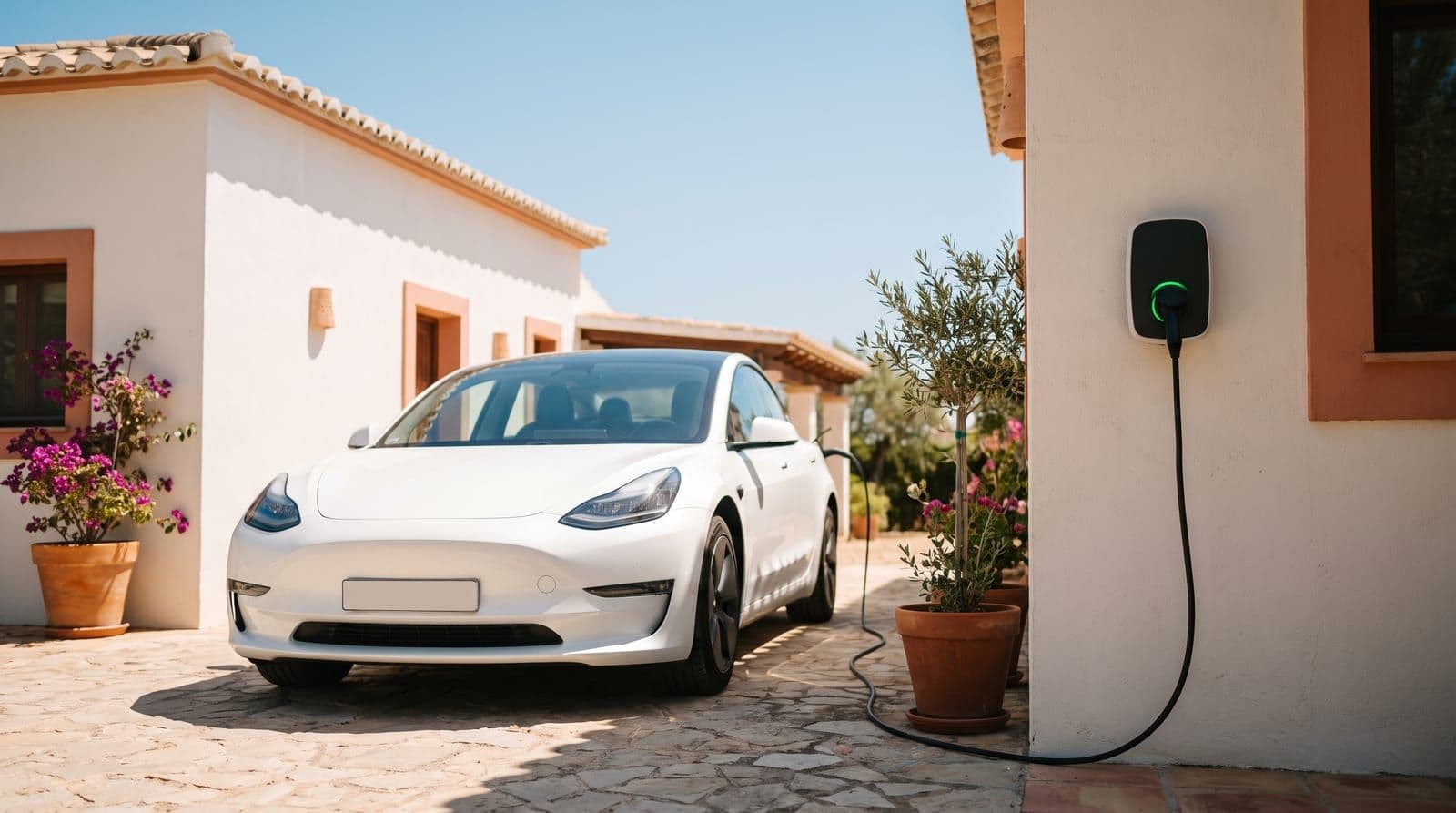Coche eléctrico blanco enchufado a un cargador doméstico en la entrada de una casa mediterránea bajo el sol del mediodía.