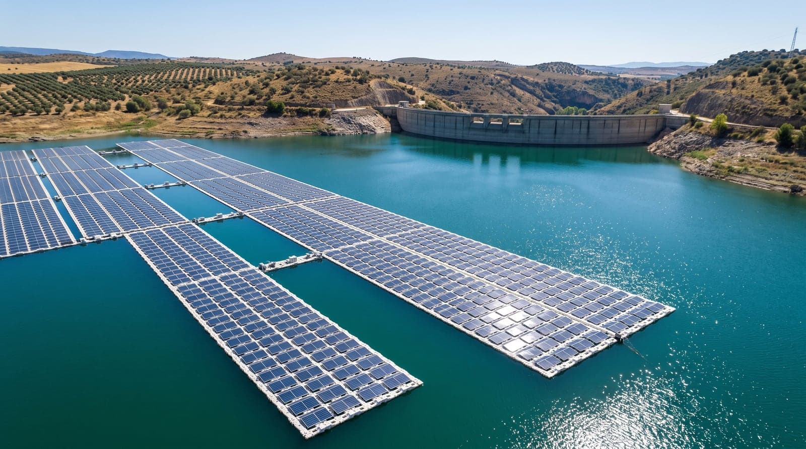 Vista aérea de una planta solar fotovoltaica flotante sobre un embalse turquesa en el interior de España, con olivares y una presa de hormigón al fondo, a pleno sol de mediodía.