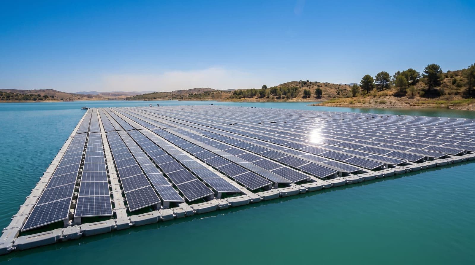 Parque solar fotovoltaico flotante sobre un embalse español a pleno sol del mediodía, con filas de placas reflejadas en el agua.
