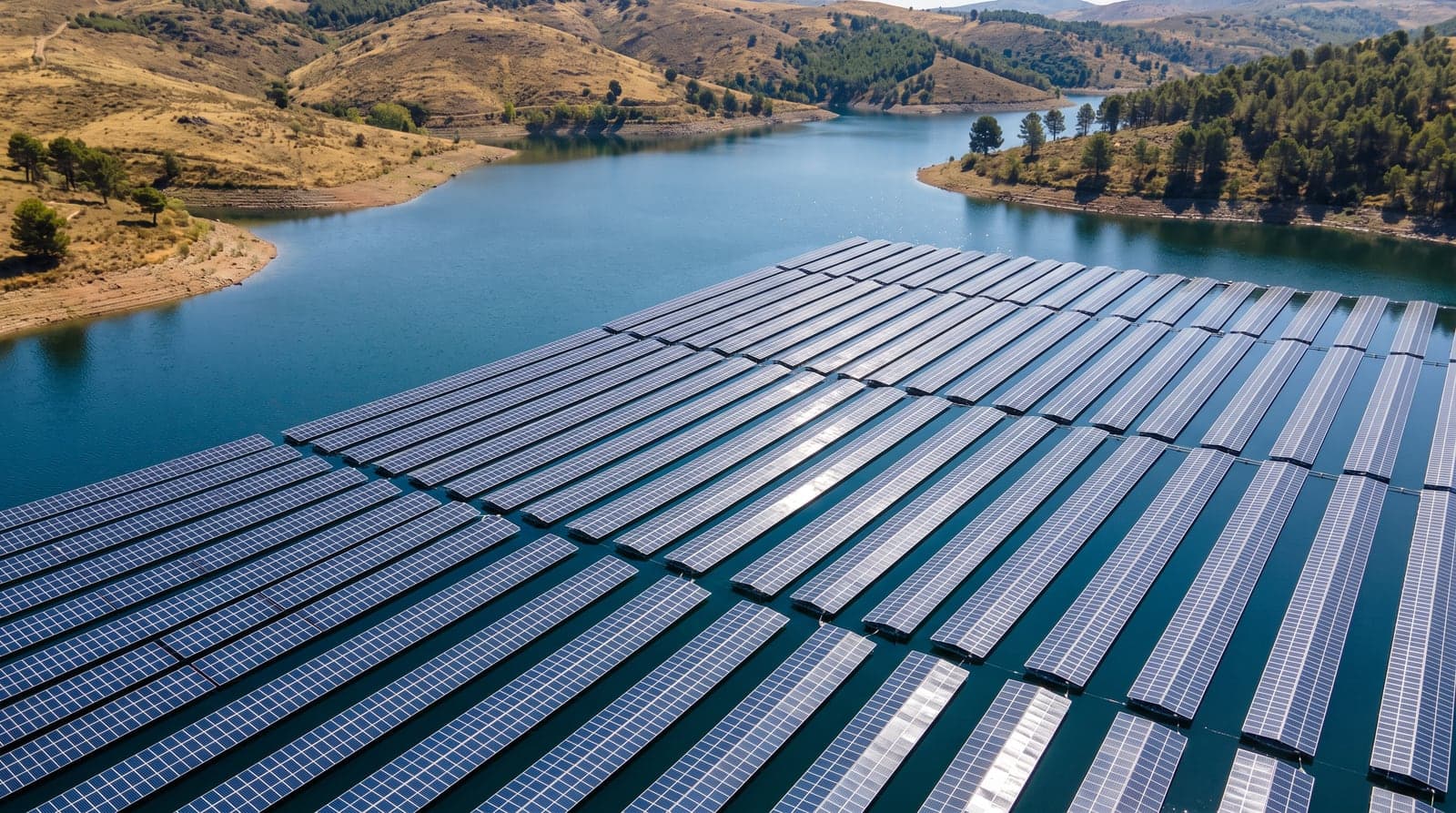 Vista aérea de una planta solar fotovoltaica flotante sobre un embalse del interior de España a pleno mediodía.