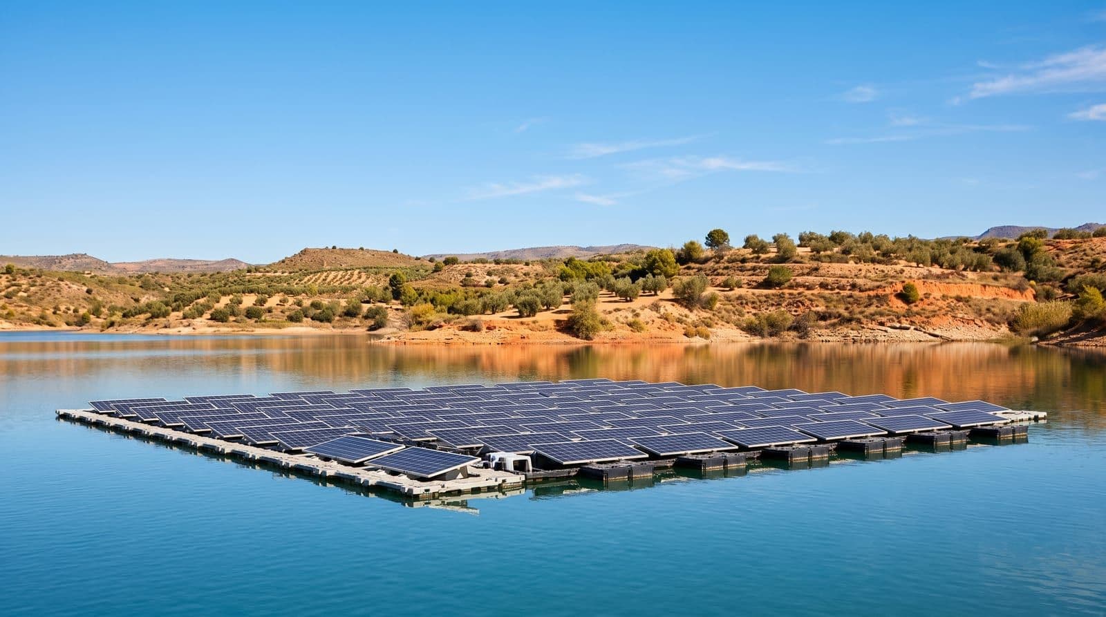 Planta solar fotovoltaica flotante sobre un embalse azul en el interior de España, con hileras de paneles a mediodía.