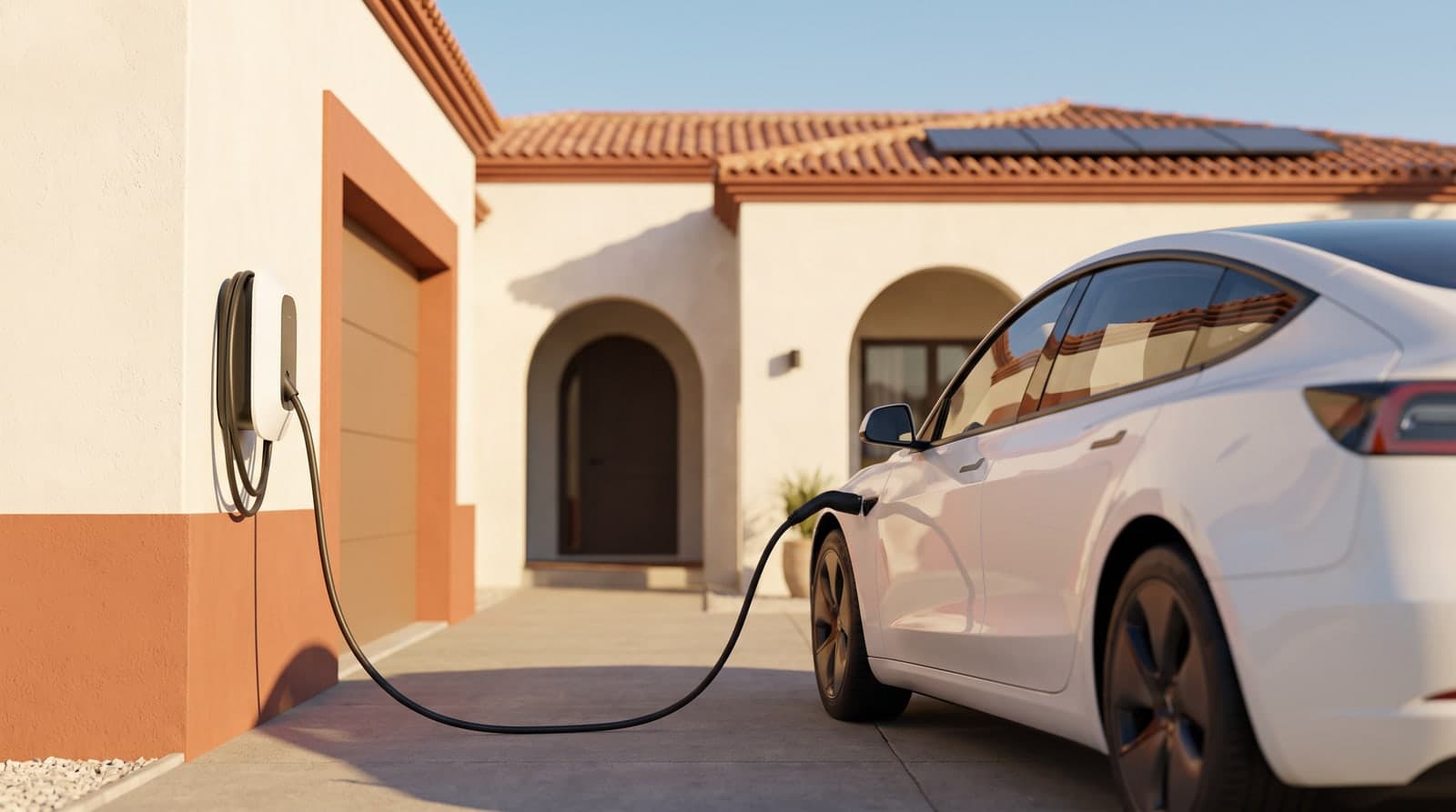 Coche eléctrico blanco cargando en la entrada de una vivienda española a mediodía, con sol intenso y placas solares en el tejado