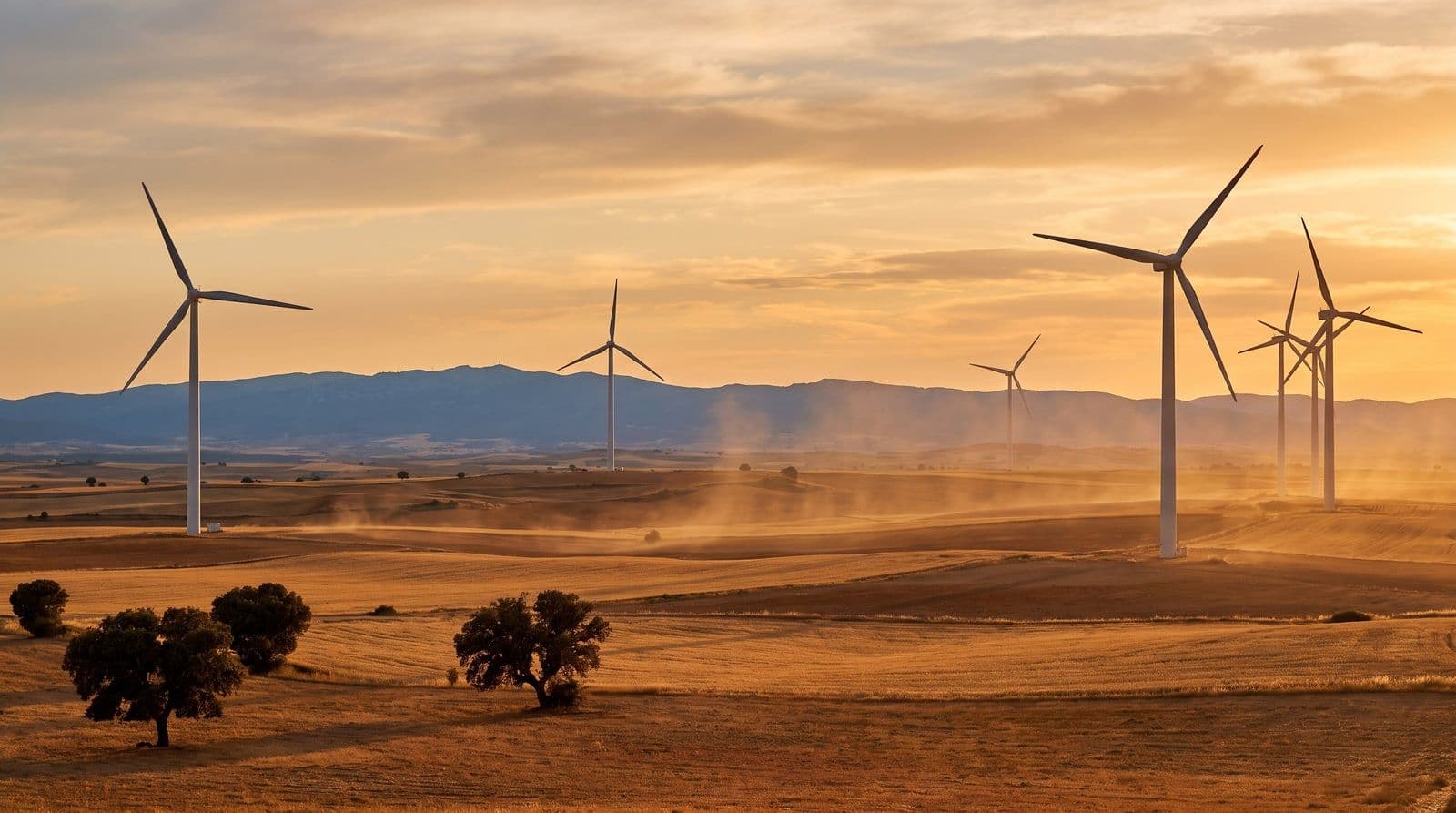 Aerogeneradores blancos sobre una meseta castellana dorada al atardecer, con campos de rastrojo en tonos ocres bajo luz cálida.