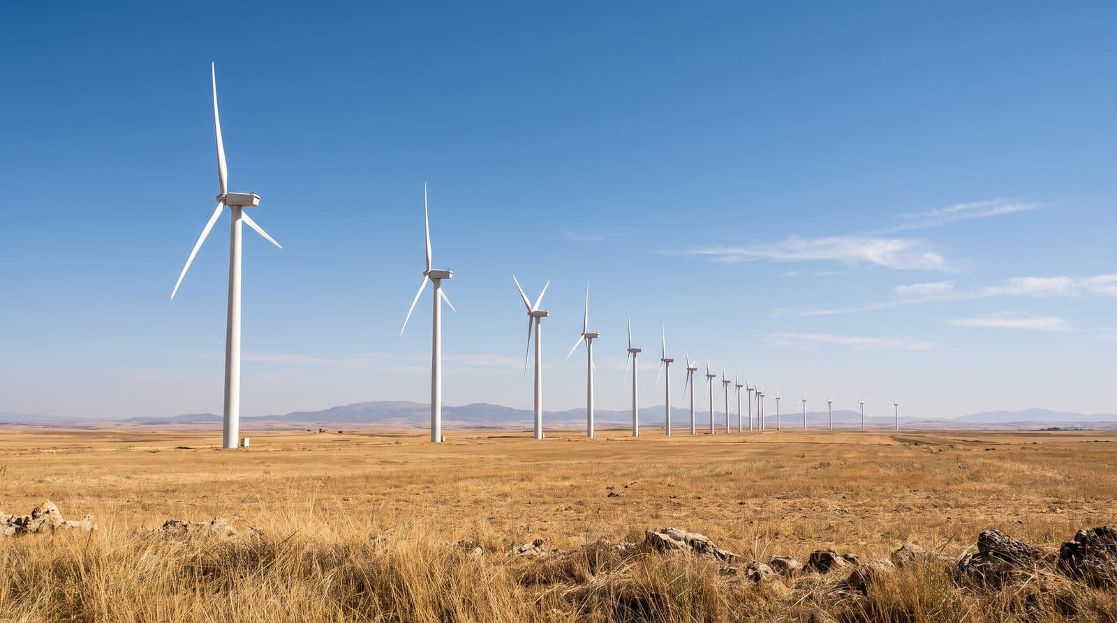 Parque eólico con aerogeneradores blancos sobre la meseta castellana seca bajo un cielo azul despejado a mediodía