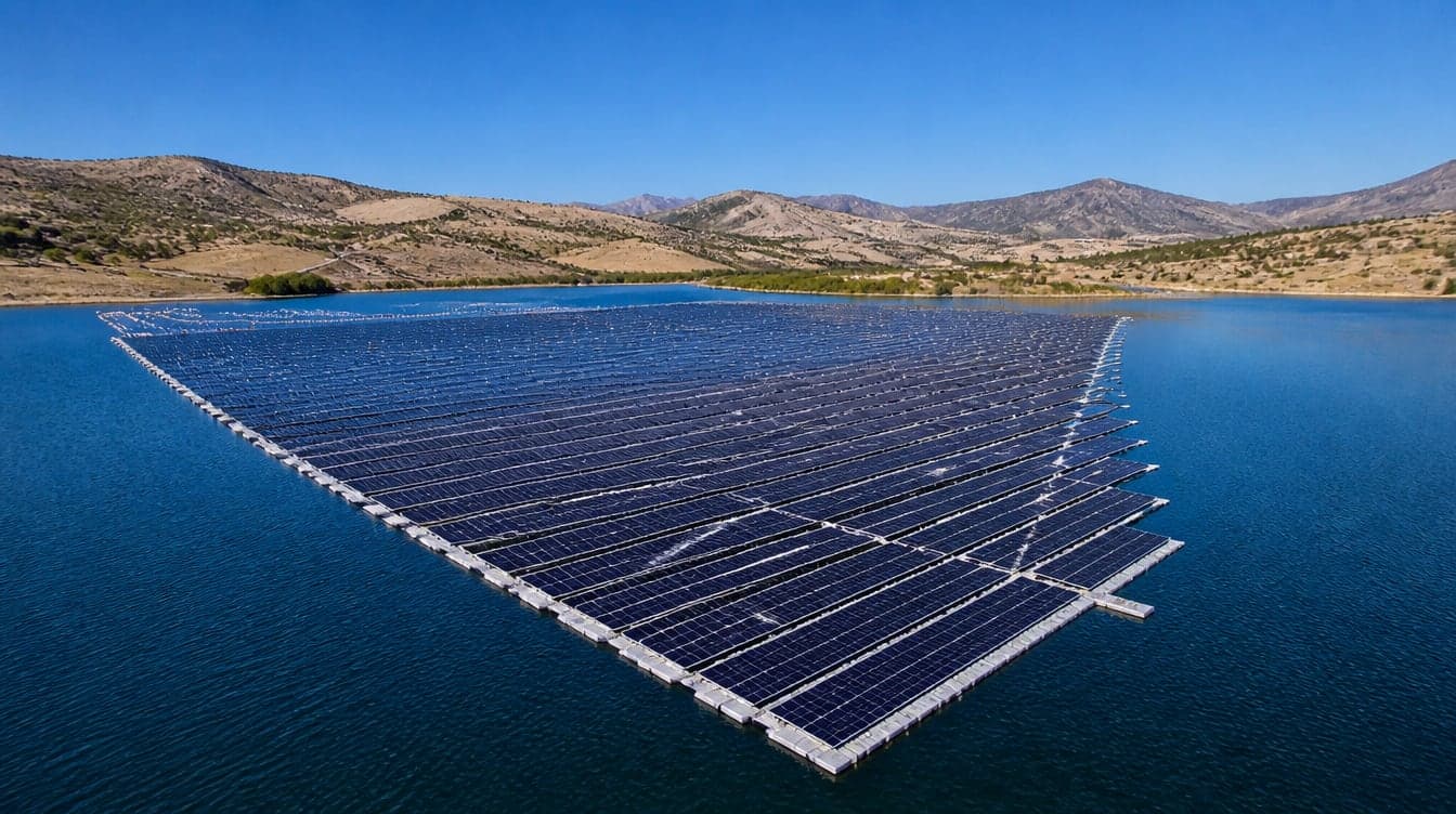 Placas solares flotantes sobre un embalse azul en el interior de España a mediodía, vistas desde el aire, con cielo despejado.