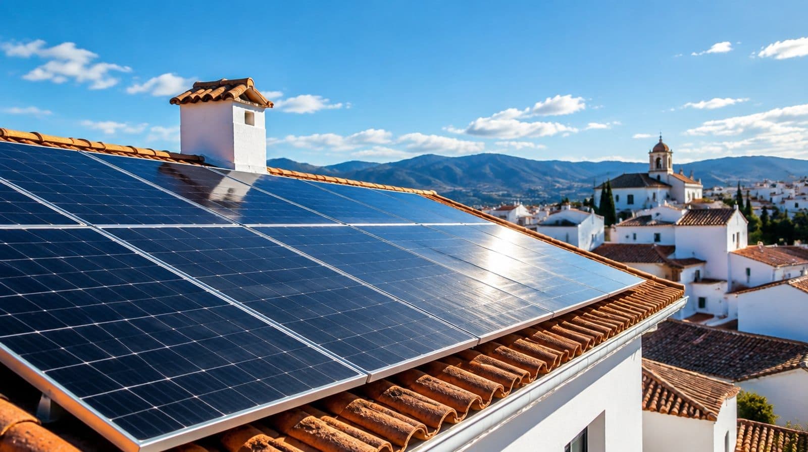 Placas solares fotovoltaicas en el tejado de terracota de una casa mediterránea andaluza bajo el sol del mediodía