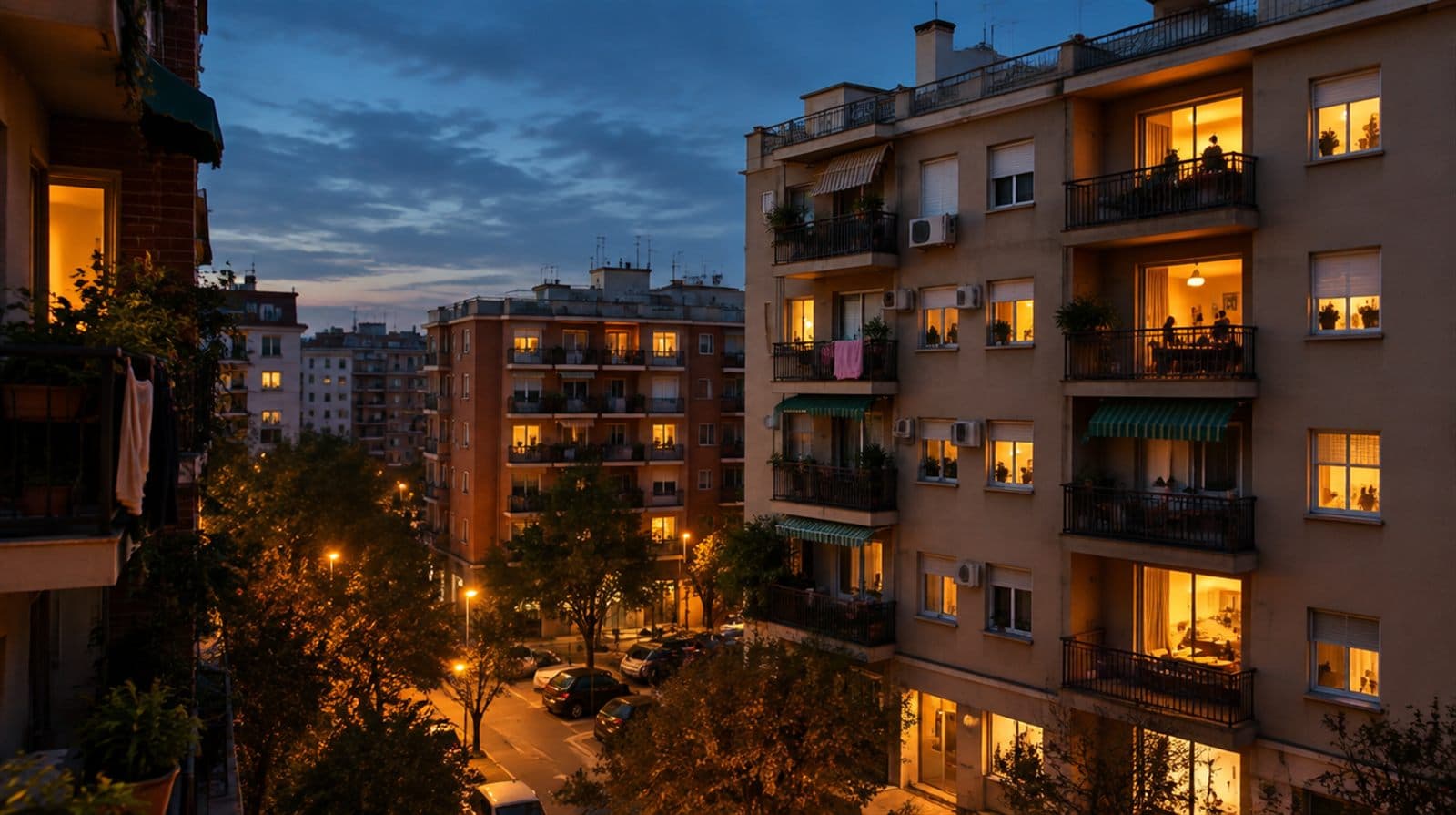 Barrio residencial español al anochecer con las ventanas de los pisos encendidas a la hora de la cena, el momento más caro de la luz del día.