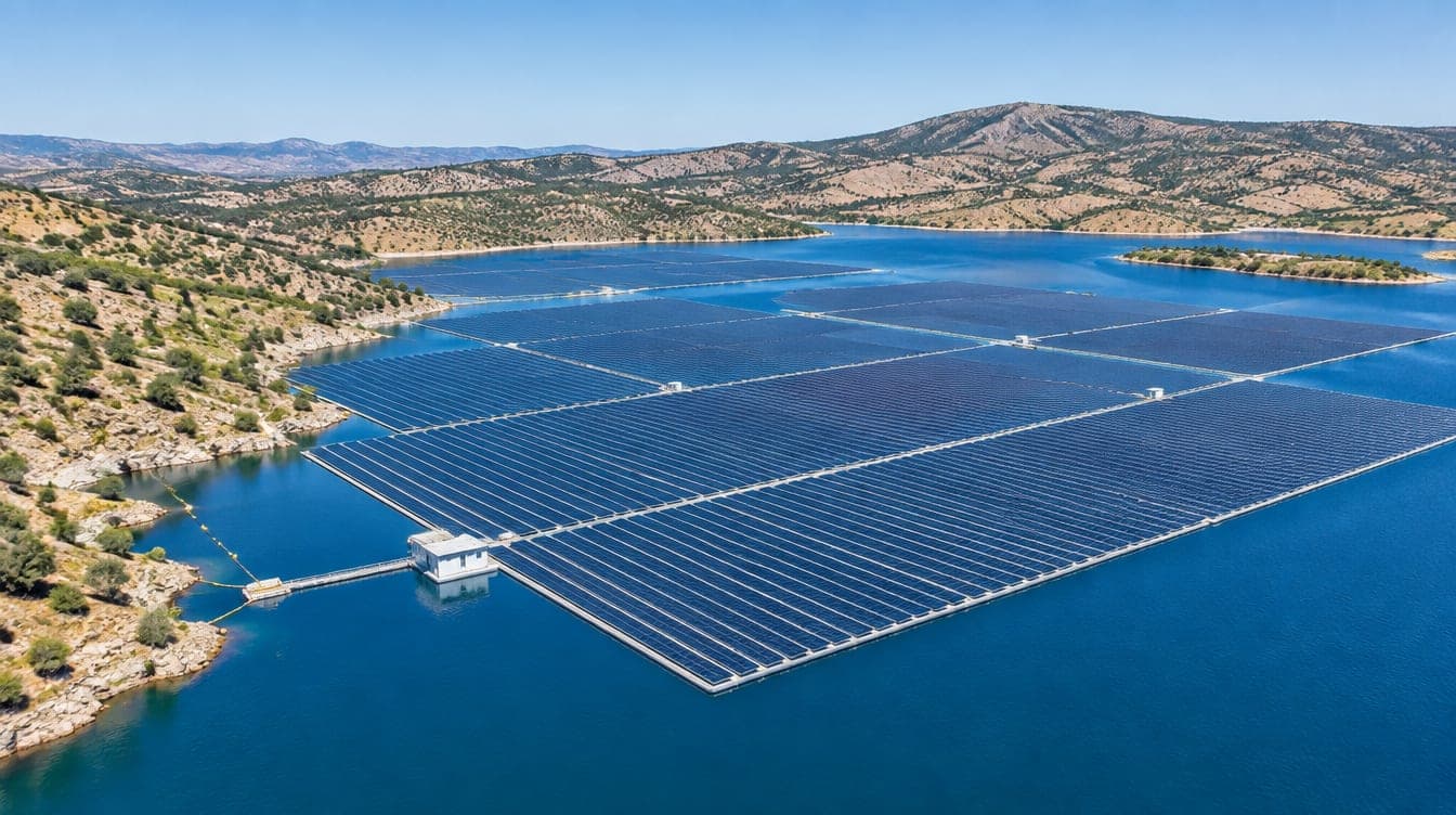 Vista aérea de una planta solar fotovoltaica flotante sobre un embalse en España a pleno mediodía, con el sol en lo alto hundiendo el precio de la luz.