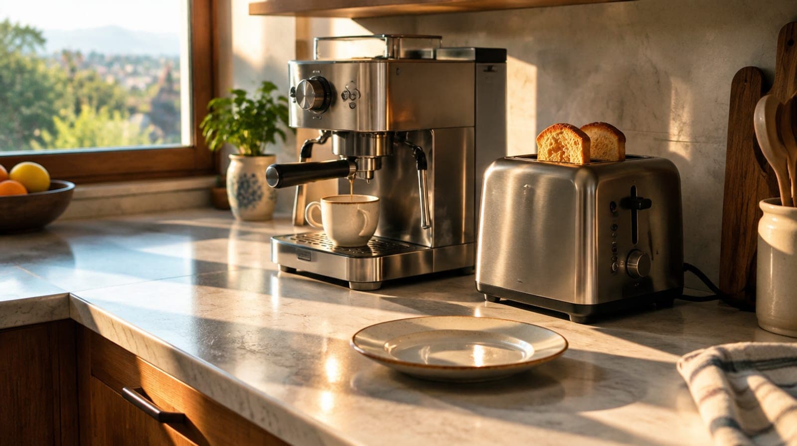 Cocina española a la hora del desayuno con cafetera y tostadora enchufadas y luz de la mañana entrando por la ventana