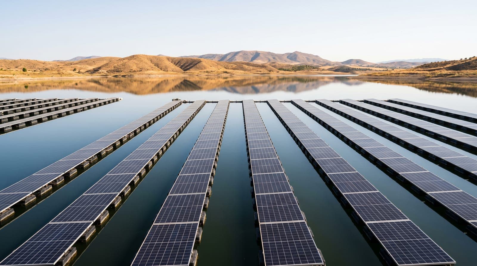 Planta solar fotovoltaica flotante sobre un embalse en el interior de España, con filas de paneles reflejadas en el agua y colinas secas al fondo