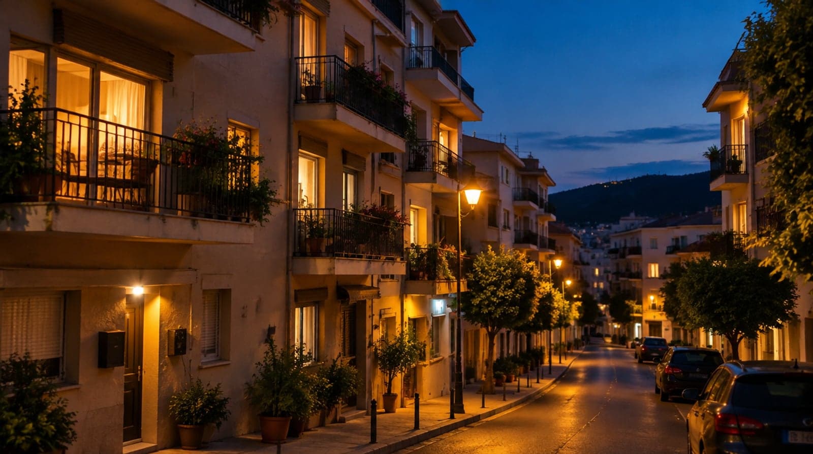 Calle residencial de una ciudad española al anochecer, con las ventanas de los pisos iluminadas a la hora de la cena, el tramo más caro de la luz.