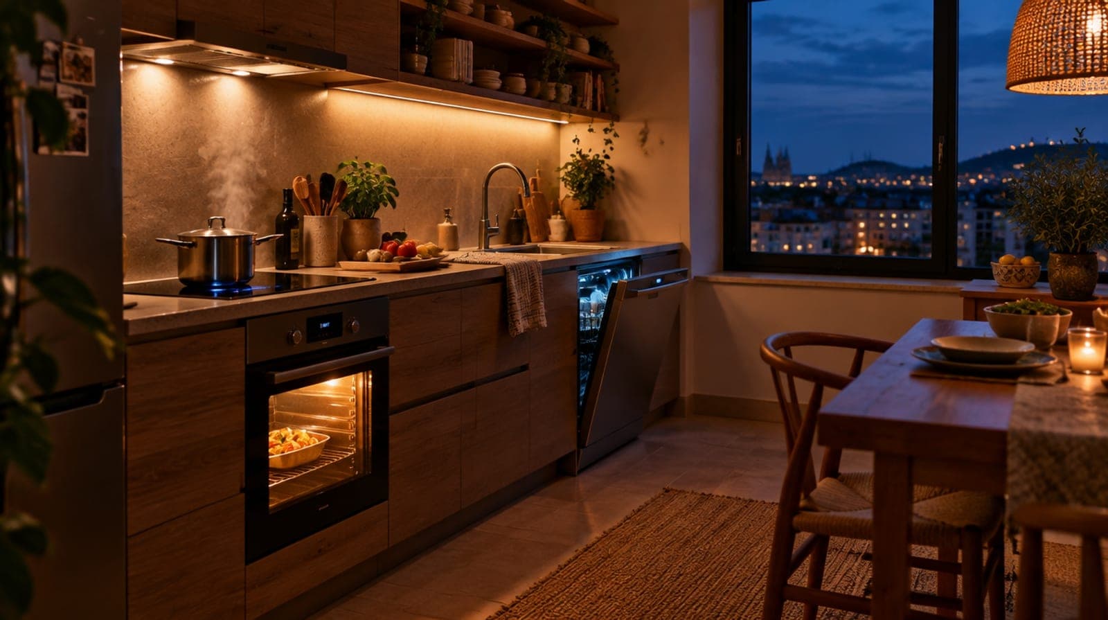 Cocina española encendida a la hora de la cena al anochecer, con el horno y la placa de inducción funcionando