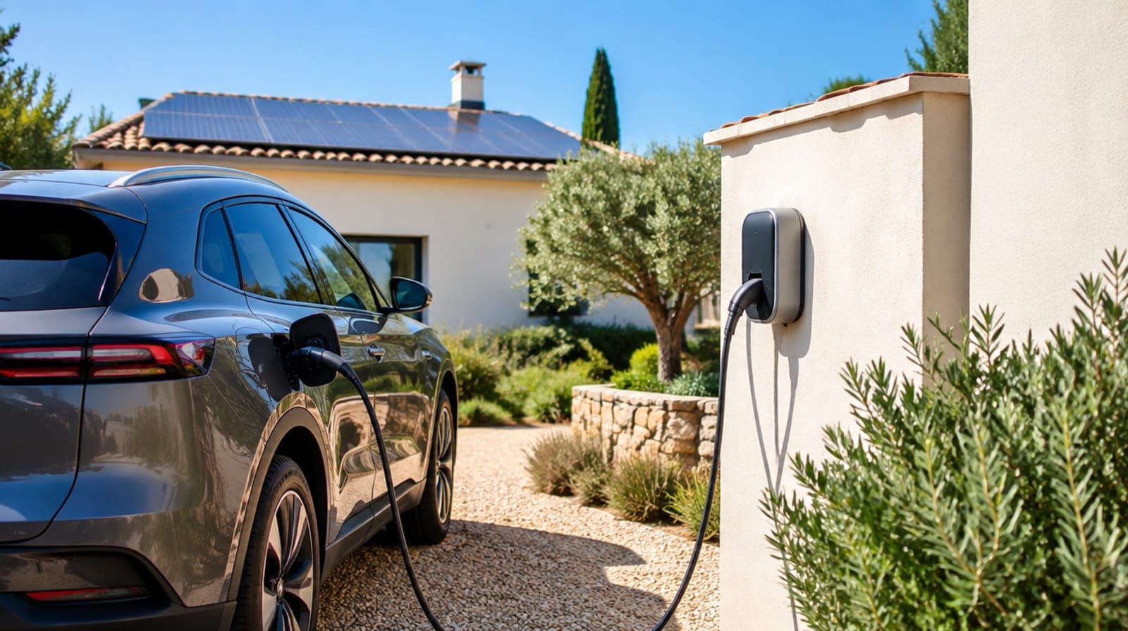 Coche eléctrico enchufado a un cargador doméstico a mediodía bajo el sol, con placas solares en el tejado, en una vivienda mediterránea de España