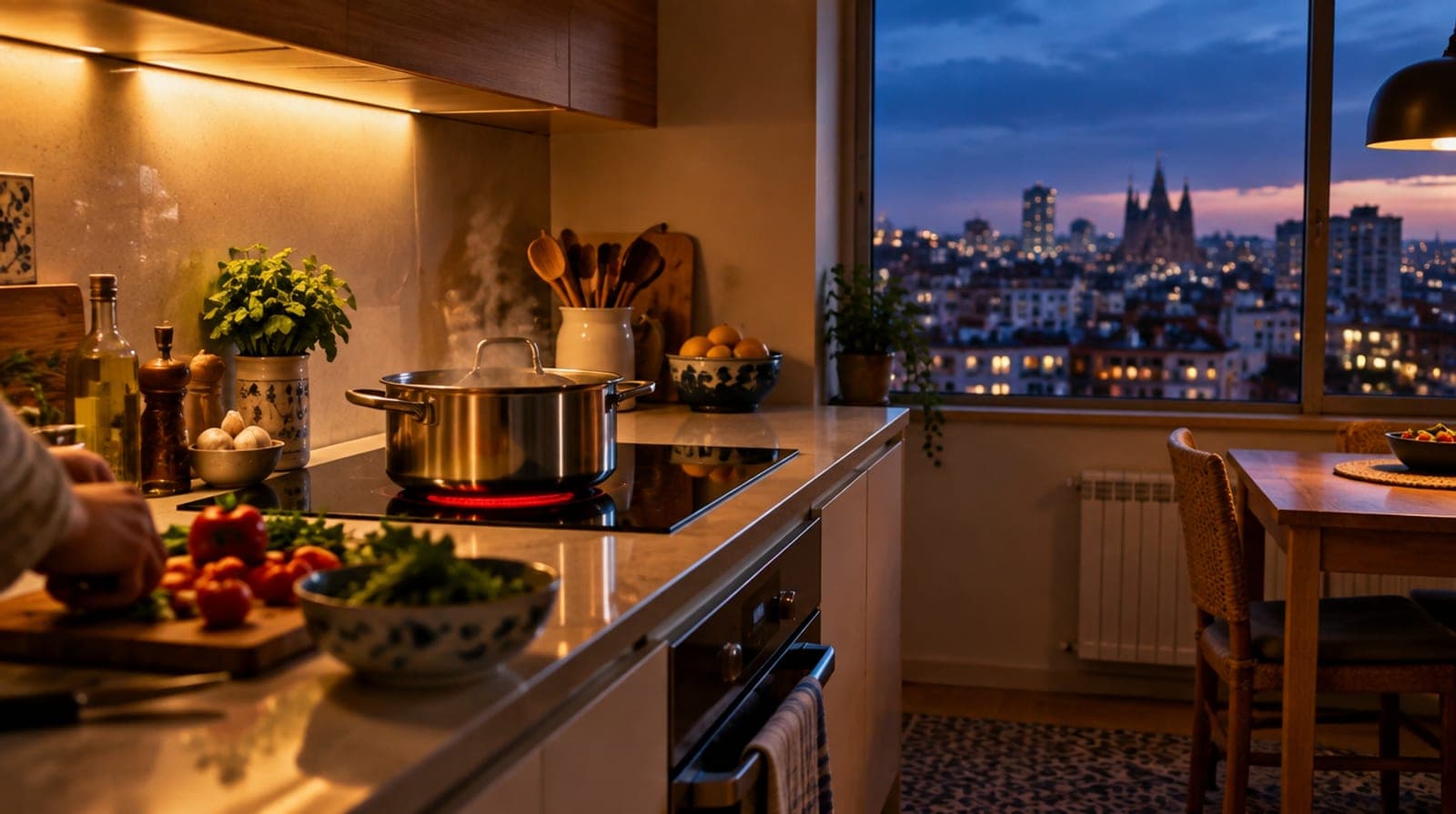 Cocina de un piso español al anochecer, con las luces encendidas y una olla en la vitrocerámica a la hora de la cena, la franja más cara de la luz.