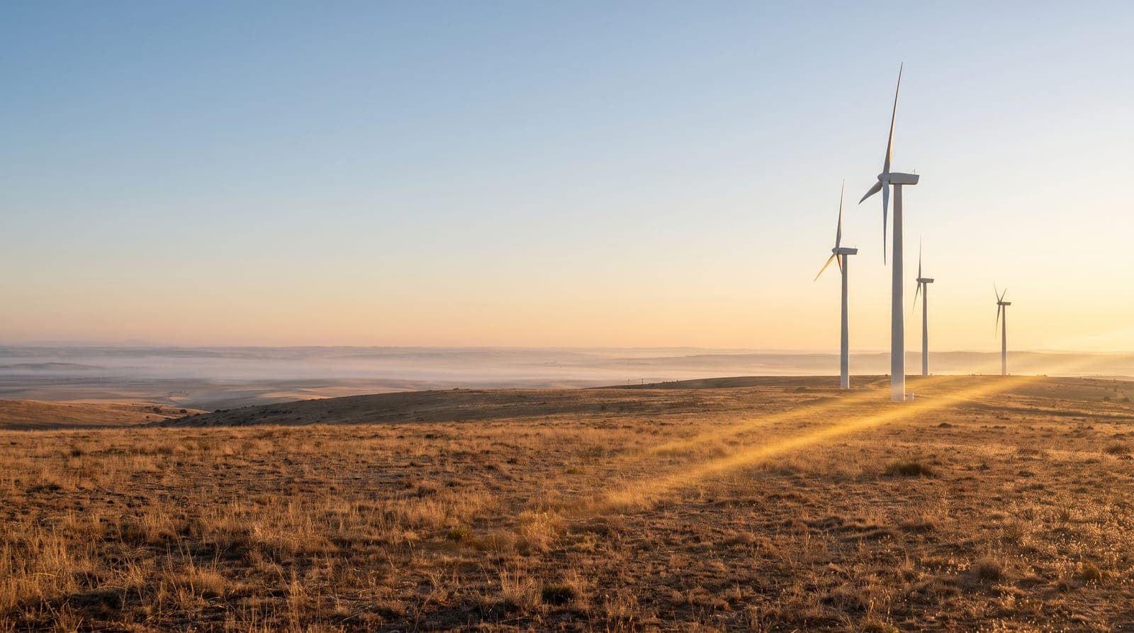 Aerogeneradores blancos en una meseta castellana al amanecer, con luz dorada y niebla baja en el valle