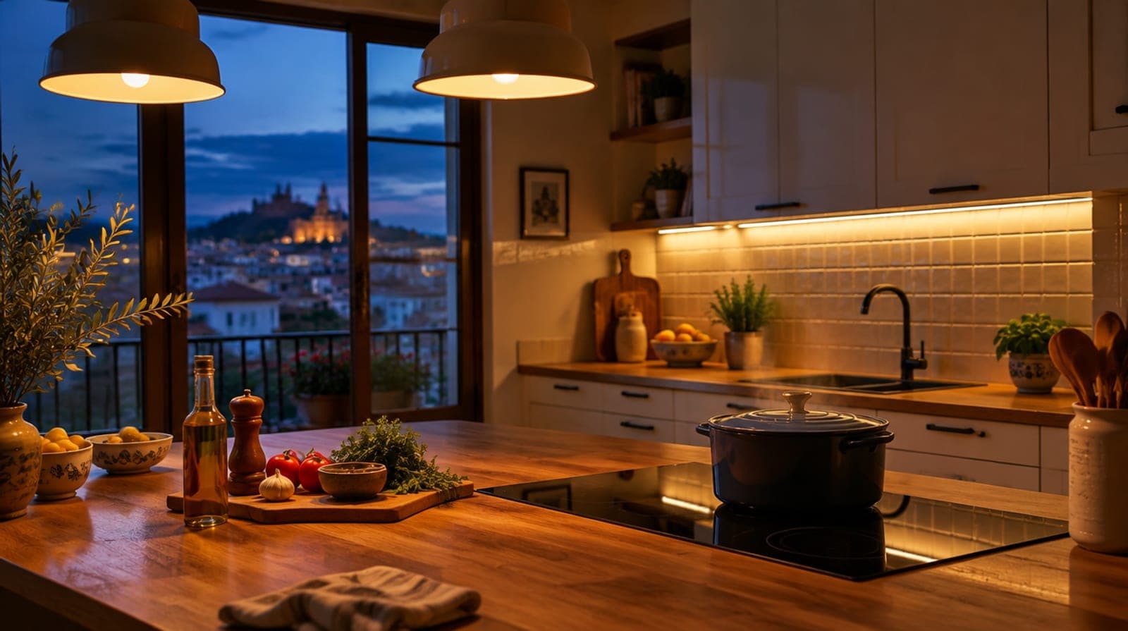 Cocina mediterránea con las luces encendidas a la hora de la cena, al anochecer sobre un pueblo español