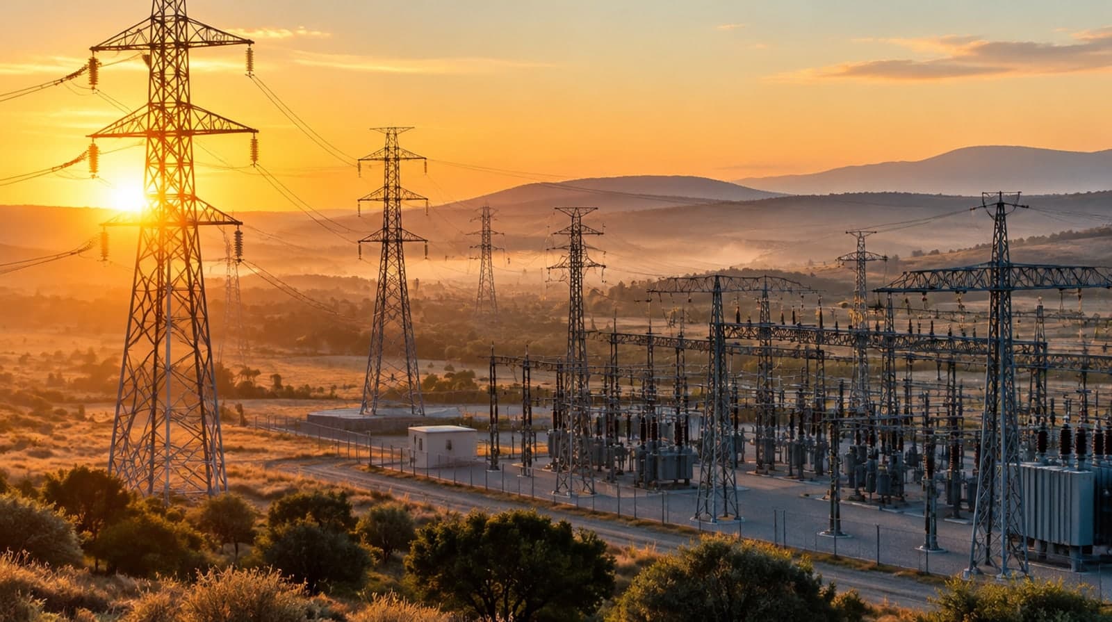 Subestación eléctrica con torres de alta tensión al amanecer en el campo español, con el sol bajo entre los apoyos metálicos