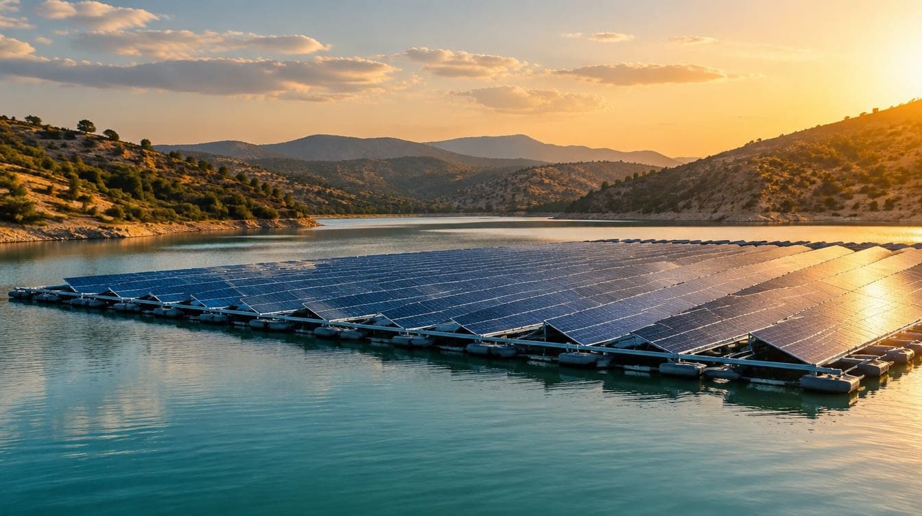Huerto solar fotovoltaico flotante sobre un embalse en España a la luz dorada del atardecer