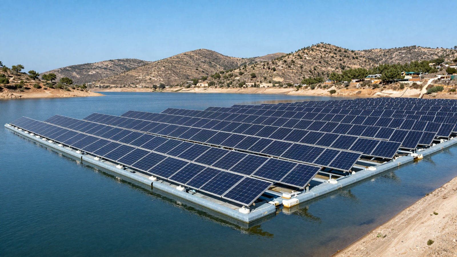 Planta solar fotovoltaica flotante sobre un embalse en España bajo el sol del mediodía, con los paneles reflejados en el agua.