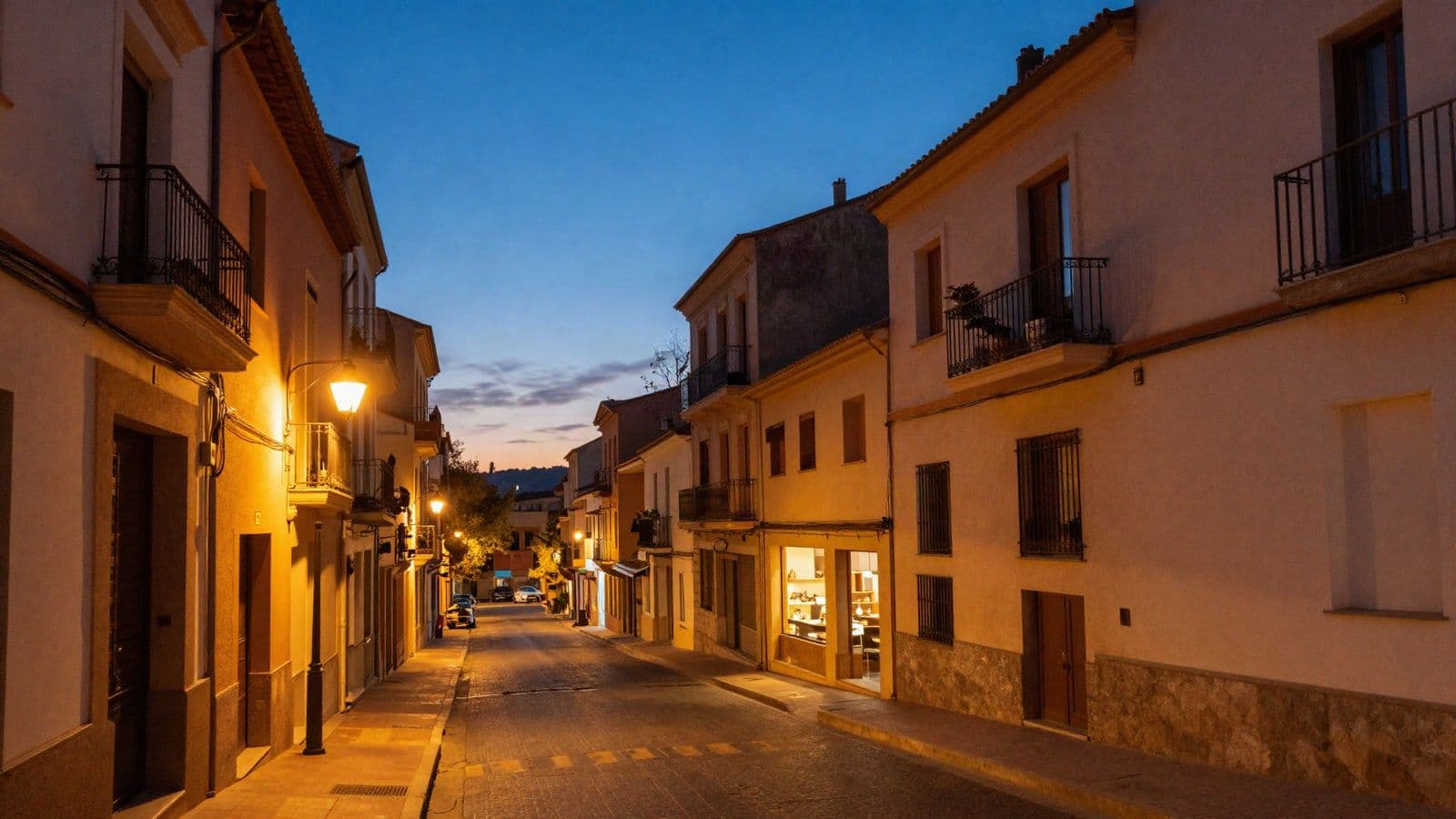 Calle de un pueblo español al anochecer, con farolas encendidas y ventanas iluminadas a la hora de la cena, cuando más luz se consume.