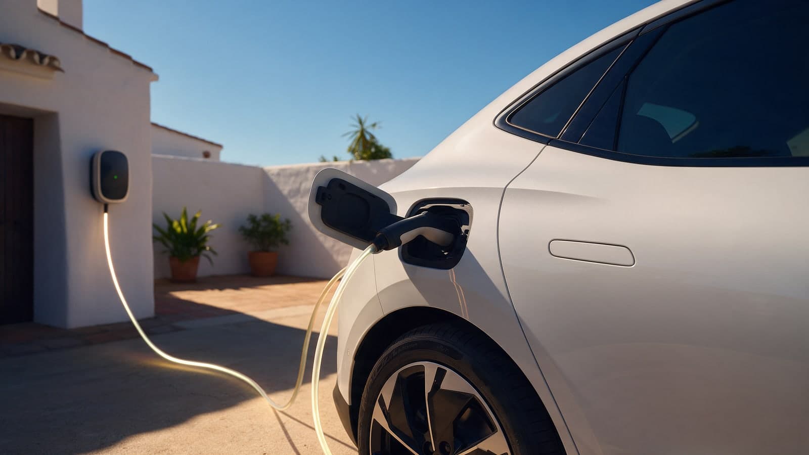 Coche eléctrico blanco cargando en el patio soleado de una casa mediterránea al mediodía, enchufado a un cargador de pared