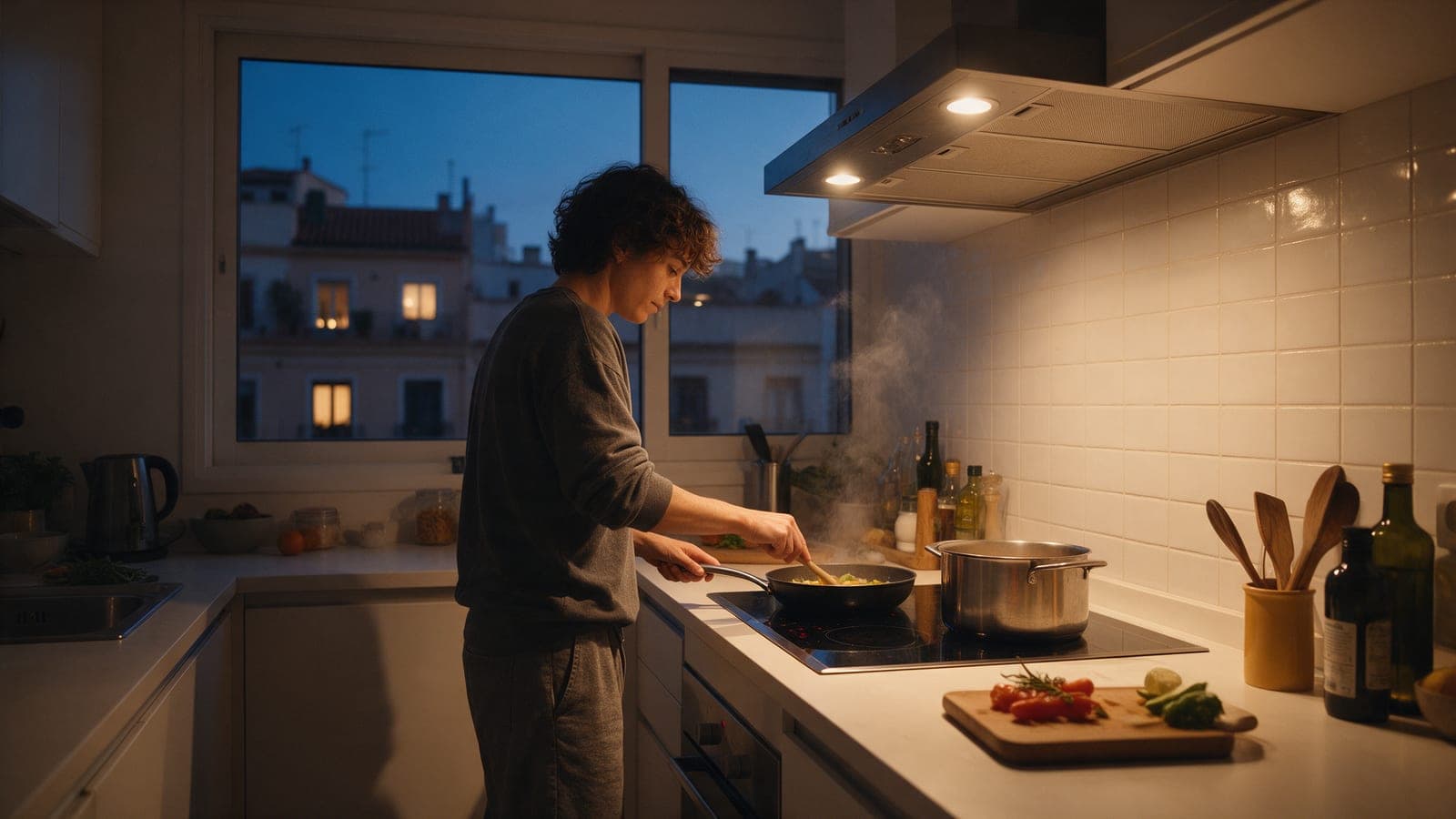Una persona cocina la cena en una cocina española al anochecer, con las luces encendidas y azoteas de la ciudad al fondo en el cielo del crepúsculo.
