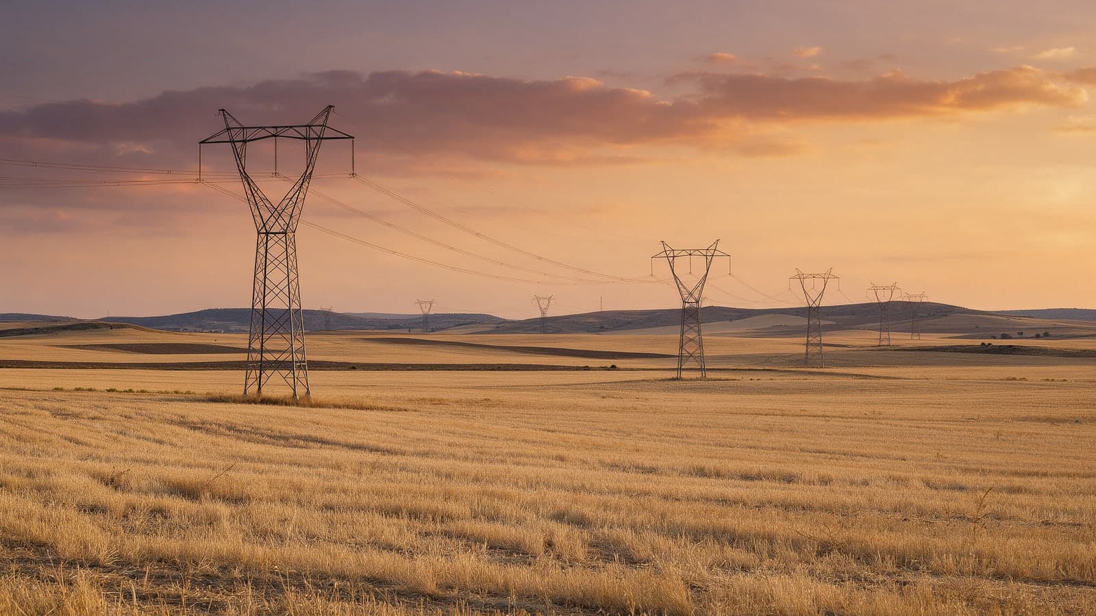 Torres de alta tensión y líneas eléctricas cruzando una meseta seca de España al atardecer, con el cielo anaranjado.