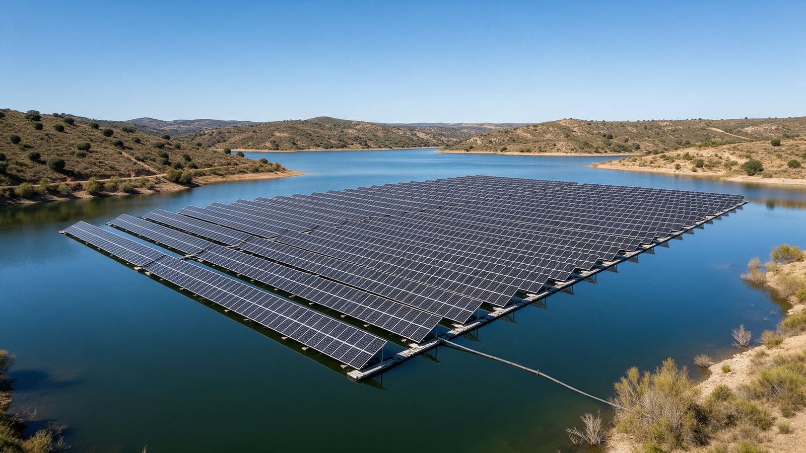 Vista aérea de placas solares flotantes sobre un embalse en España a mediodía, con el cielo despejado reflejado en el agua.