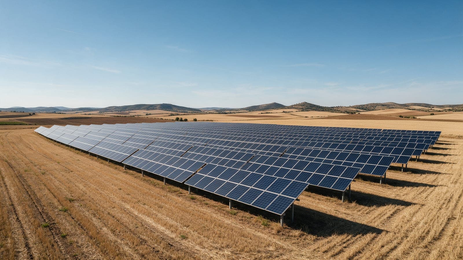 Parque solar fotovoltaico en el campo español a mediodía, con largas filas de placas bajo un cielo despejado