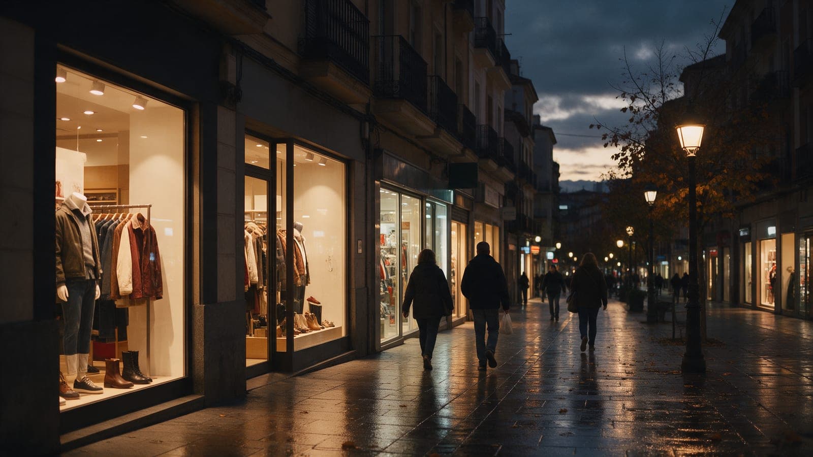 Calle comercial de una ciudad española al anochecer, con escaparates y farolas encendidas y el pavimento reflejando las luces